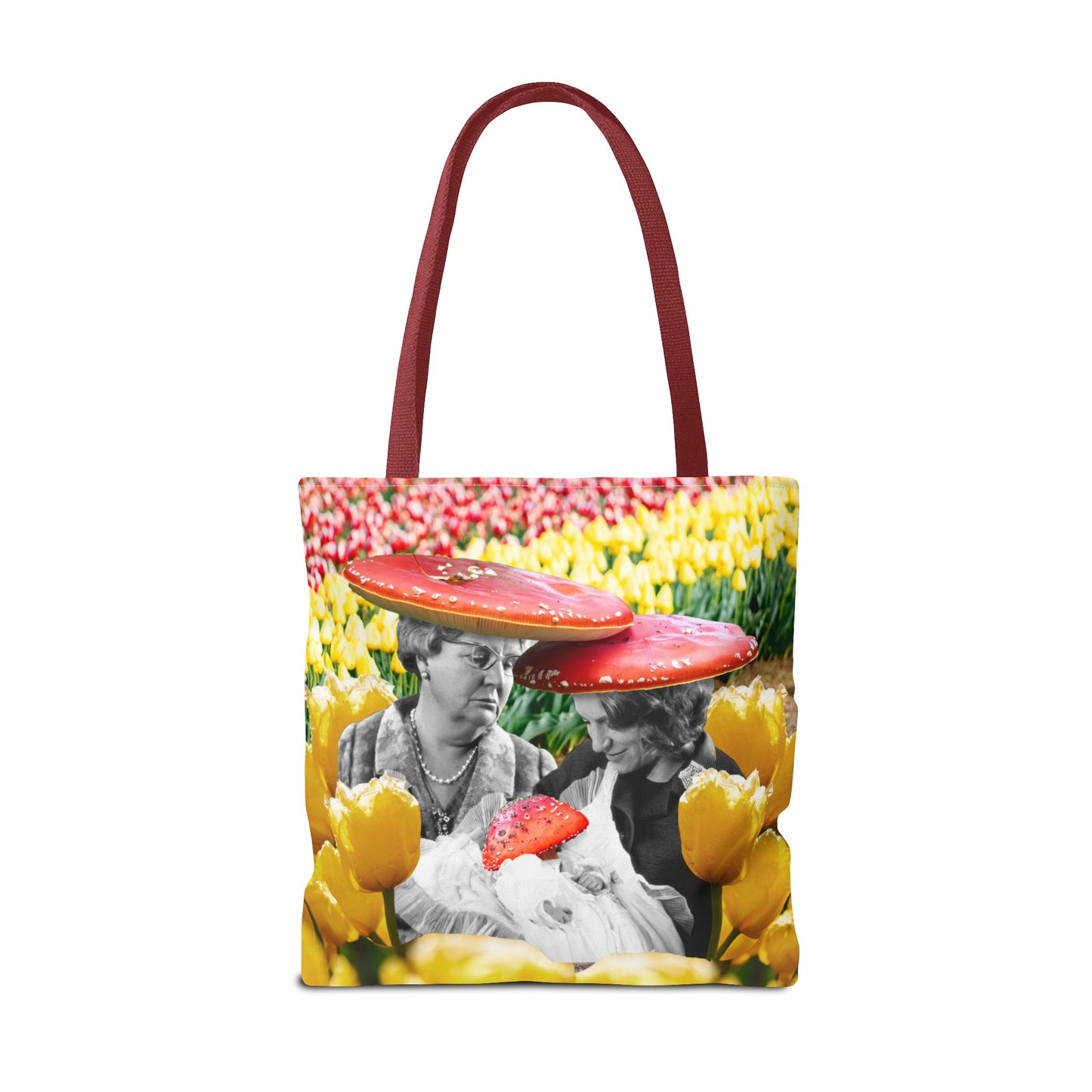 Happy Mushroom Family All Over Print Tote Bag - Surreal Collage Art "Nana's Little Mushroom" in a Field of Tulips