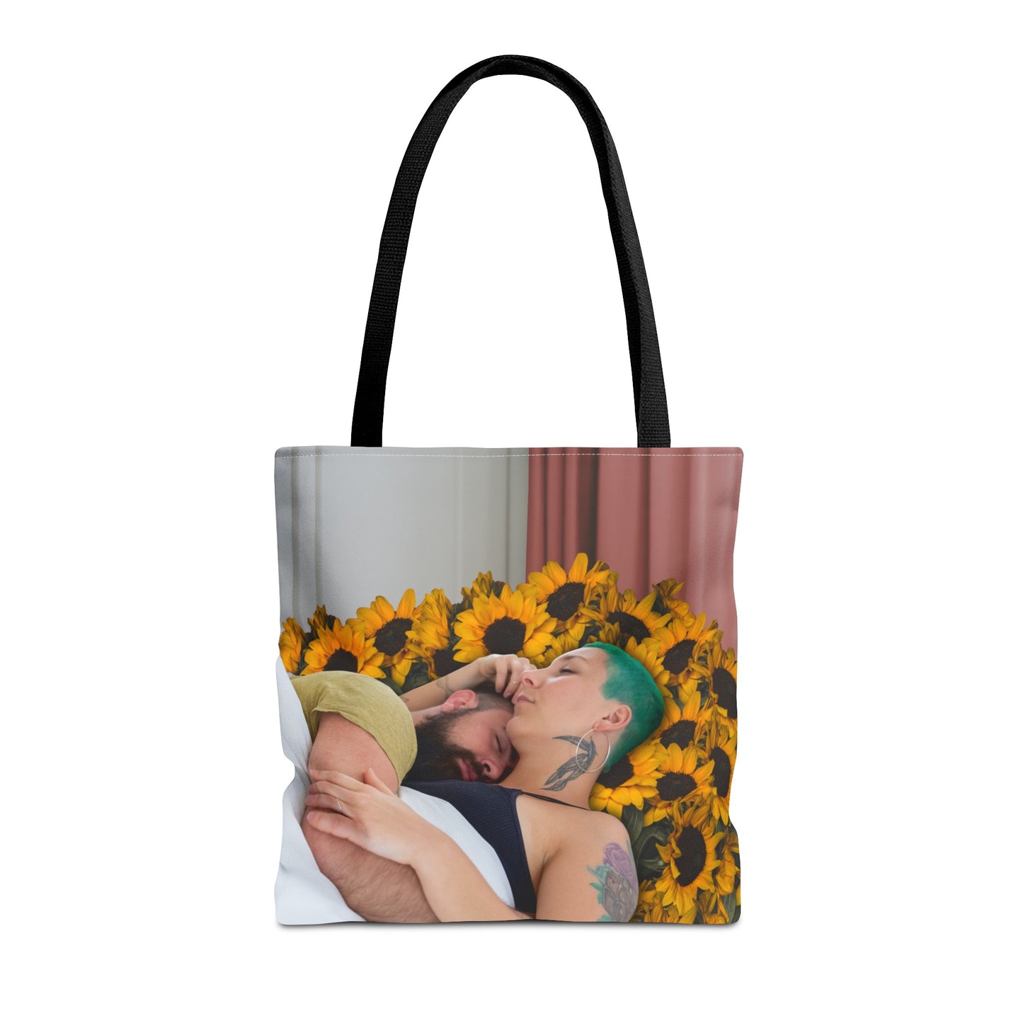 Tranquil Sunflowers Around Cuddling Couple Tote Bag Surreal Art - Loving Design "Sunflowers In Your Room"