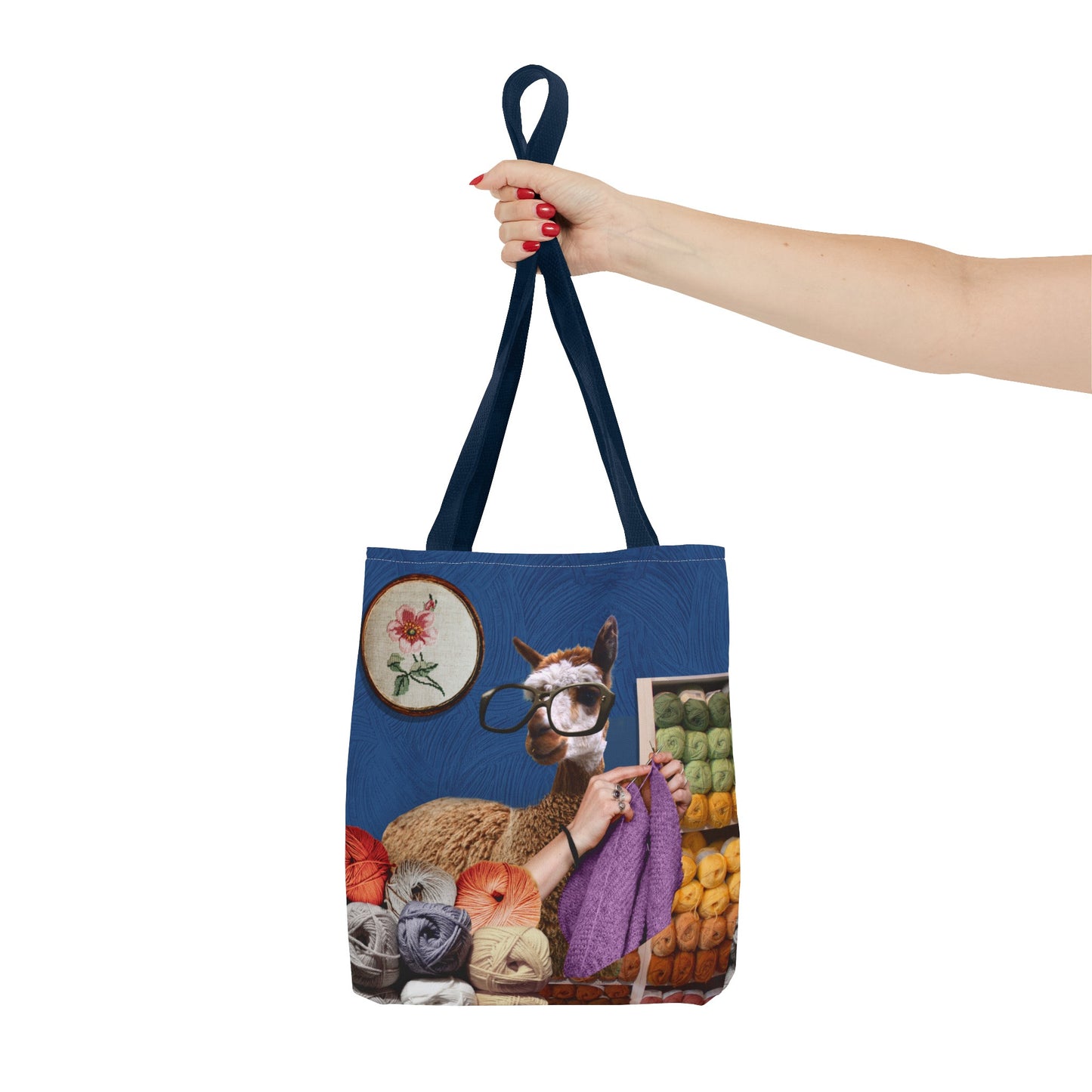 Whimsical Funky Llama Tote Bag: "Llama Tried" - Wearing Glasses and Knitting in Yarn Shop