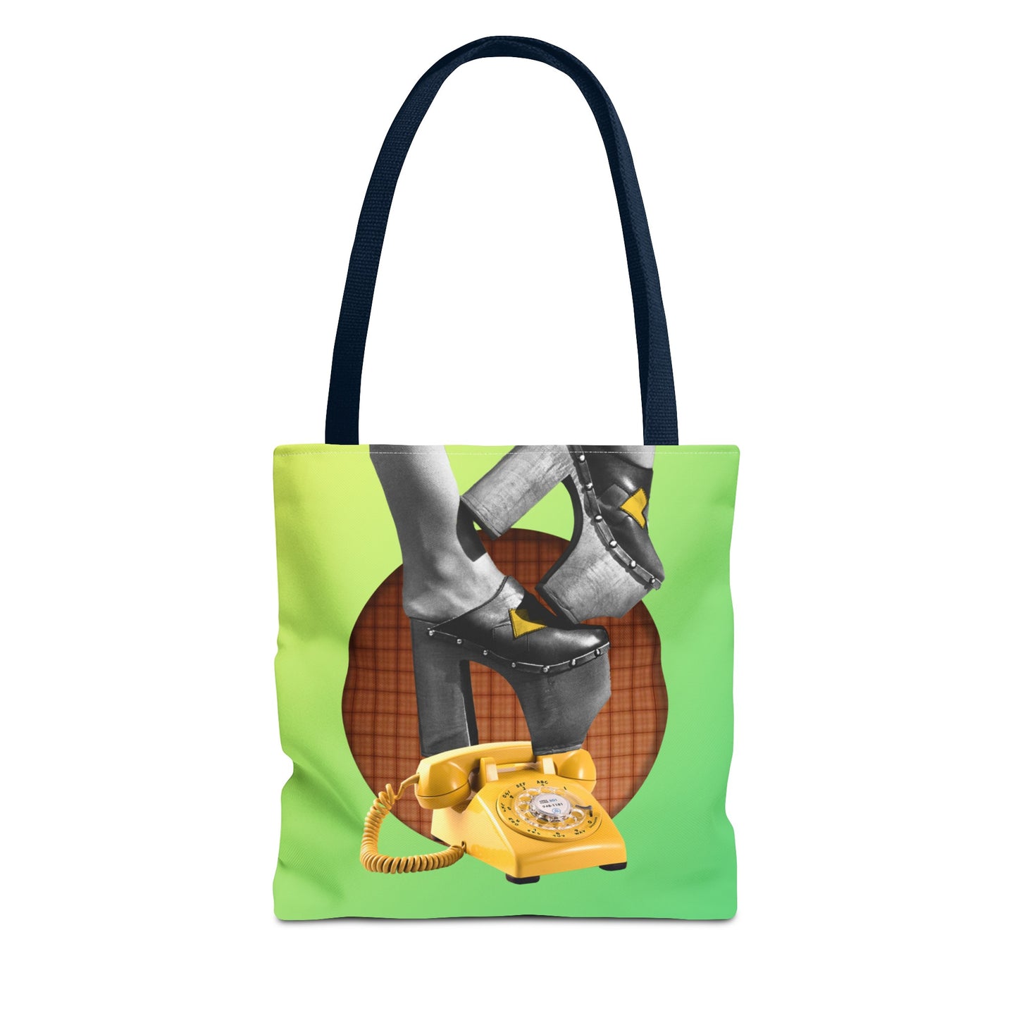 Playful Tote Bag with Collage Art "Hold My Calls" - 70's Platform Shoes and Yellow Rotary Phone