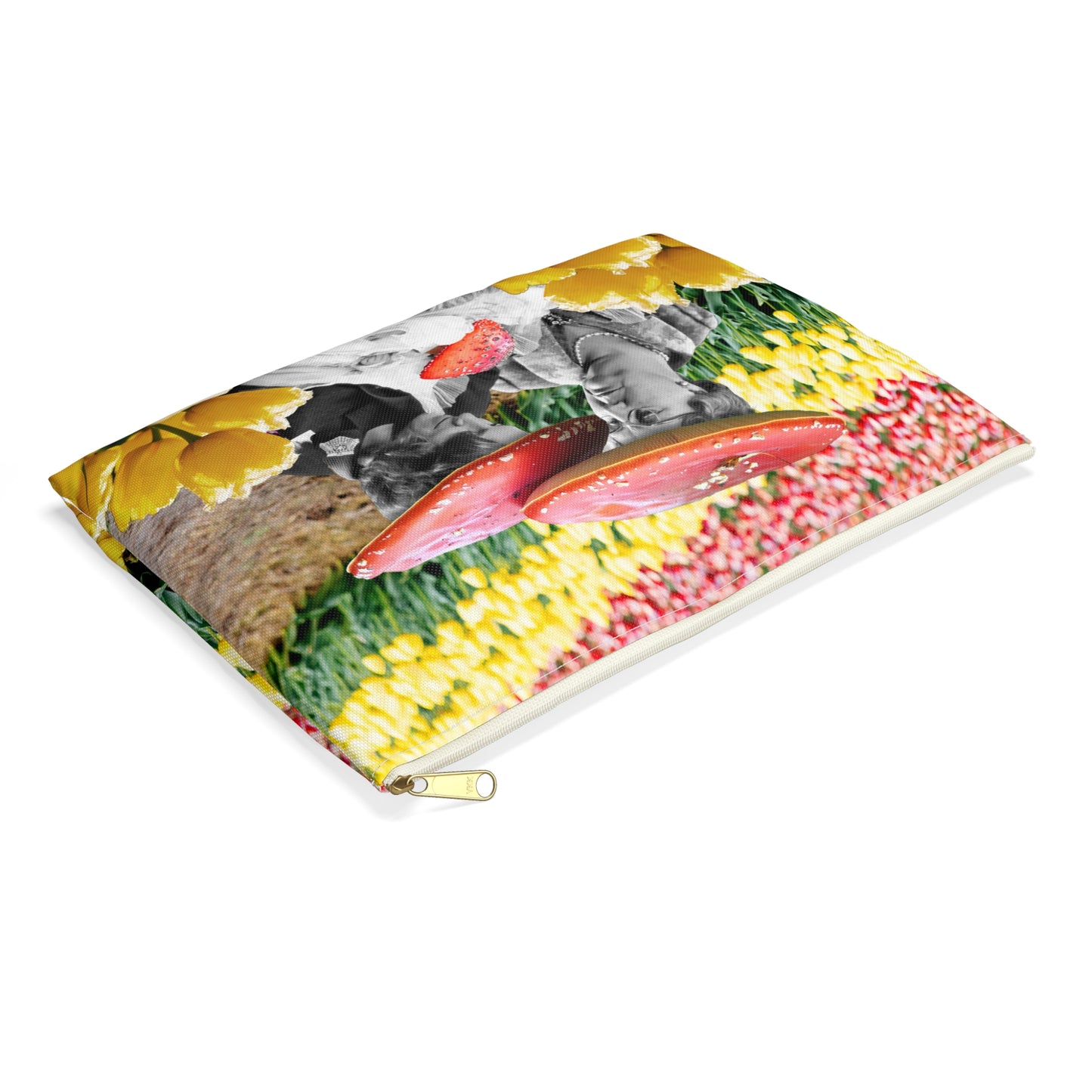 Happy Mushroom Family Accessory Pouch - Surreal Collage Art "Nana's Little Mushroom" in a Field of Tulips
