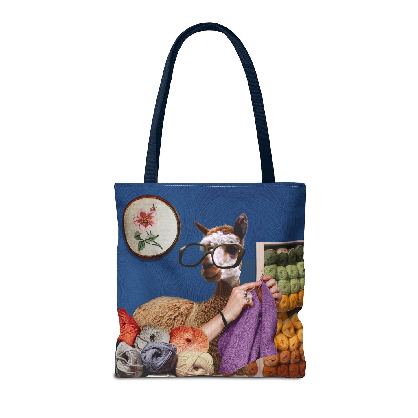Whimsical Funky Llama Tote Bag: "Llama Tried" - Wearing Glasses and Knitting in Yarn Shop