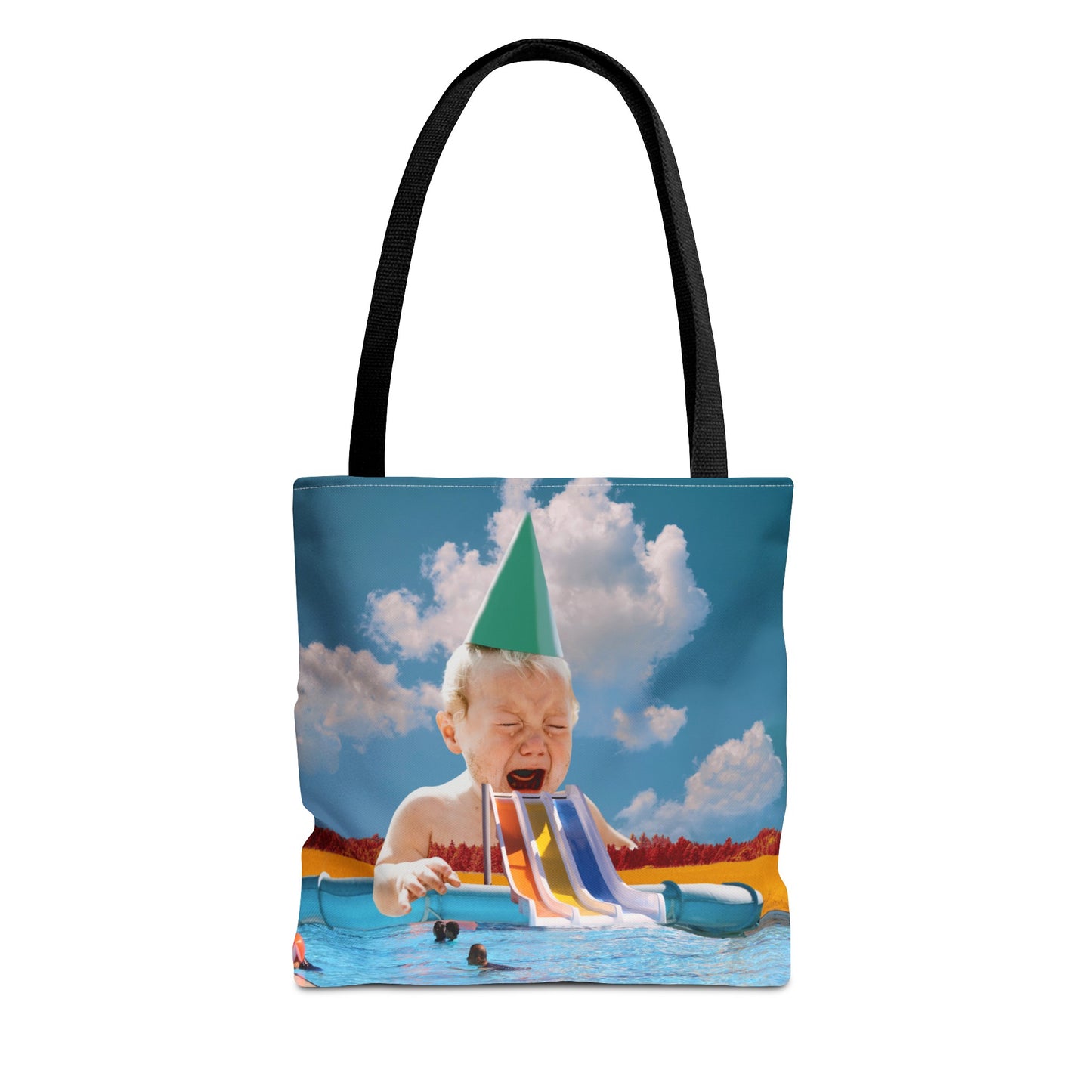 Vibrant Pool Party Beach Tote Bag - Surreal Art Print - Giant Baby and Colorful Pool Slide