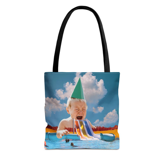 Vibrant Pool Party Beach Tote Bag - Surreal Art Print - Giant Baby and Colorful Pool Slide