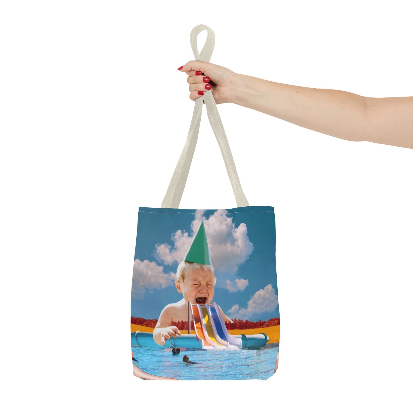 Vibrant Pool Party Beach Tote Bag - Surreal Art Print - Giant Baby and Colorful Pool Slide