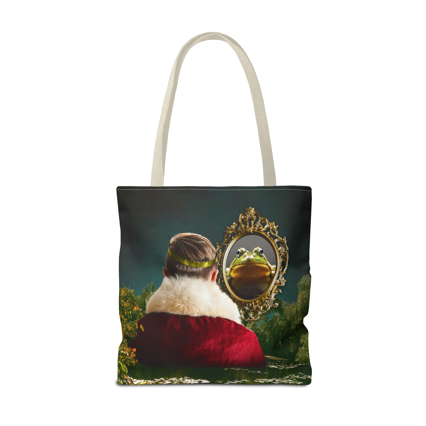 Frog Prince Reflection Tote Bag - Mystic Wetlands Collage Art Print