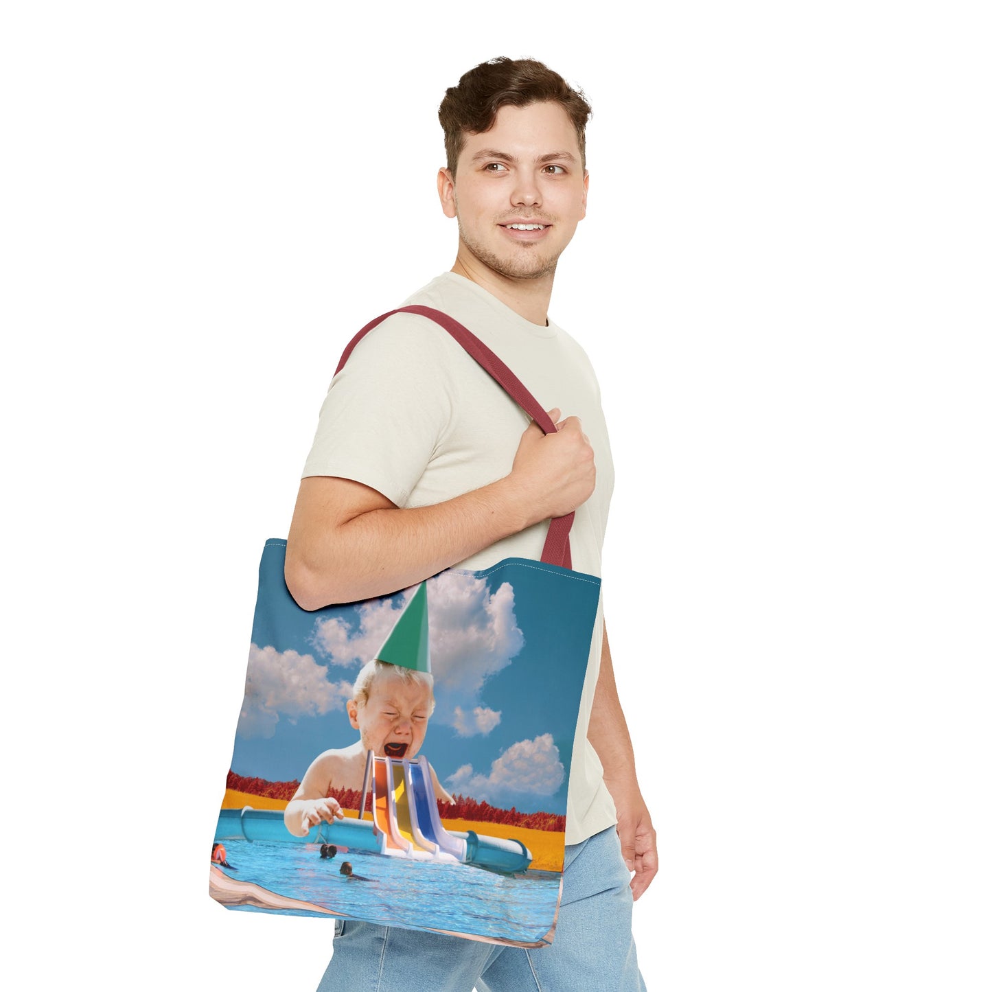 Vibrant Pool Party Beach Tote Bag - Surreal Art Print - Giant Baby and Colorful Pool Slide