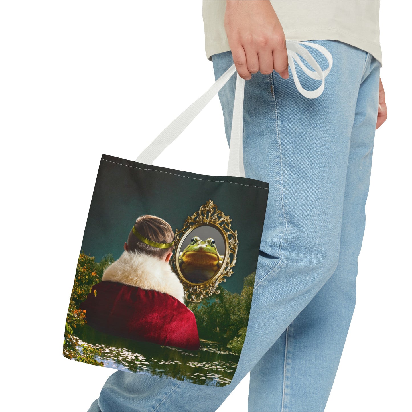 Frog Prince Reflection Tote Bag - Mystic Wetlands Collage Art Print