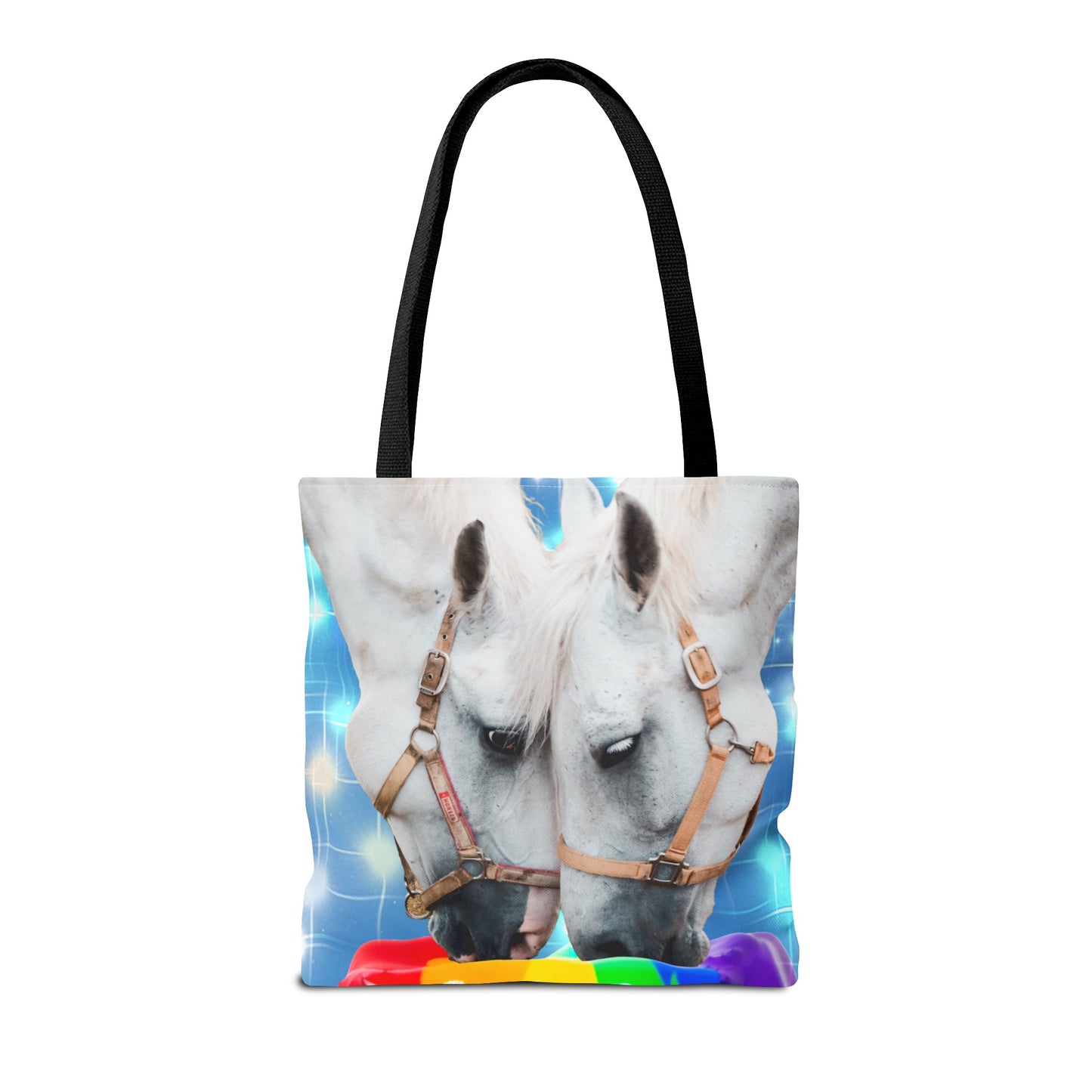 Unique Tote Bag "Pooping Rainbows" Art - White Horses Eating Rainbow Feed