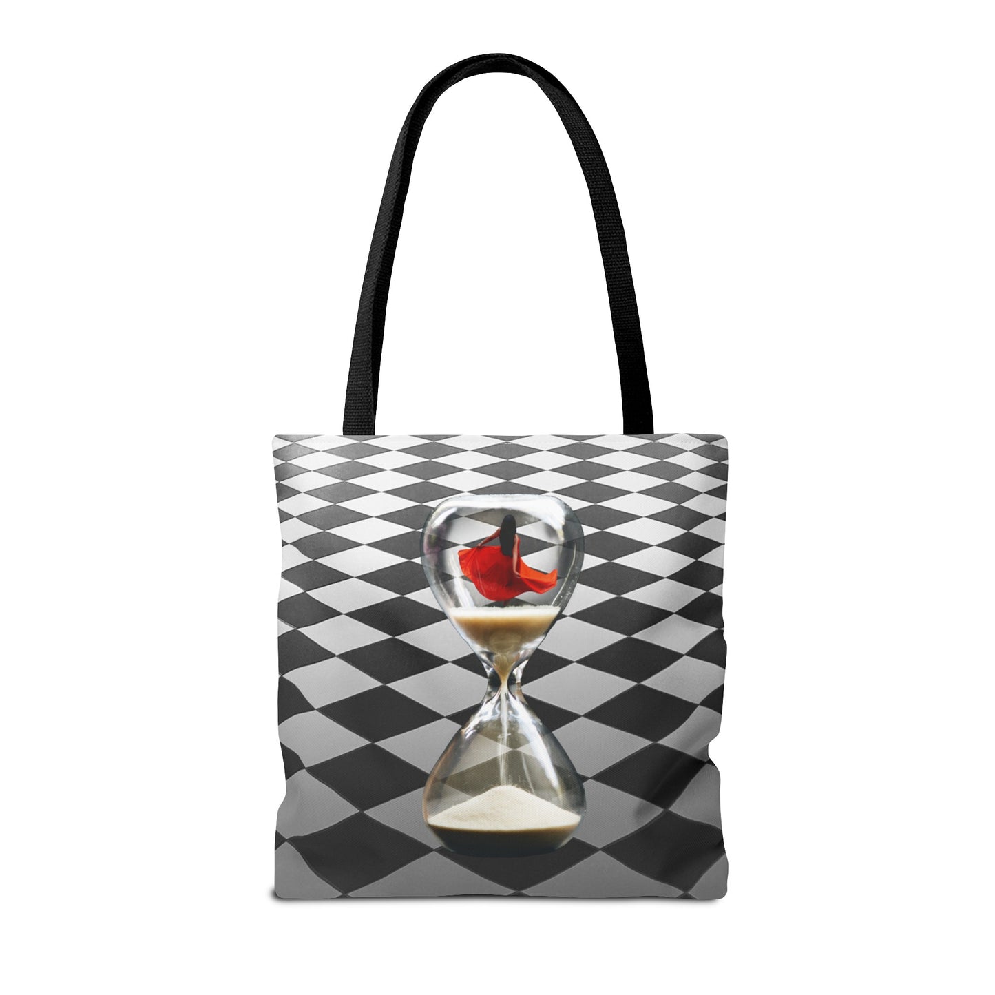 Red Dress Dancer Tote Bag - Surreal Art Checkerboard Design - Dance Through Life