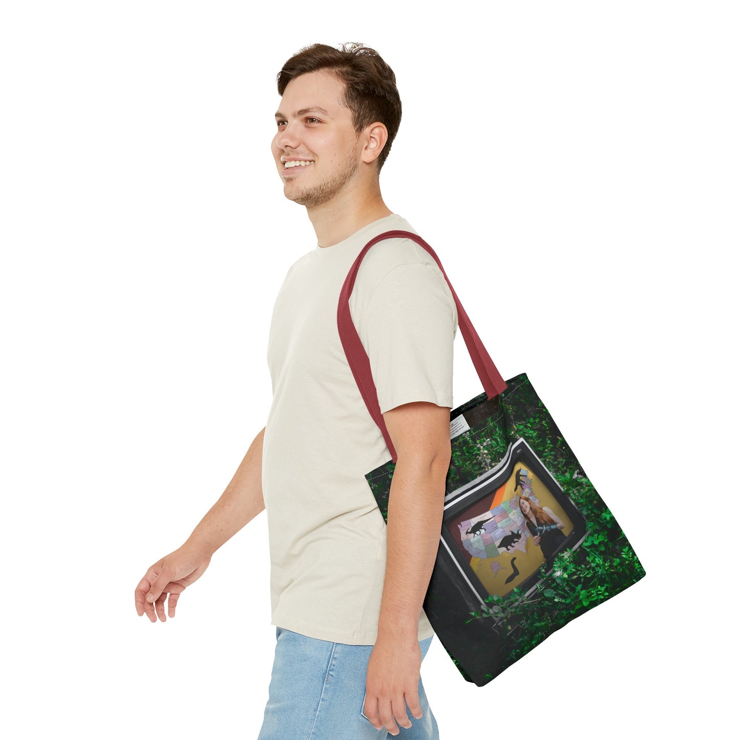 Unique Dystopian TV Scene Tote Bag with Weather Girl & Dinosaurs Map
