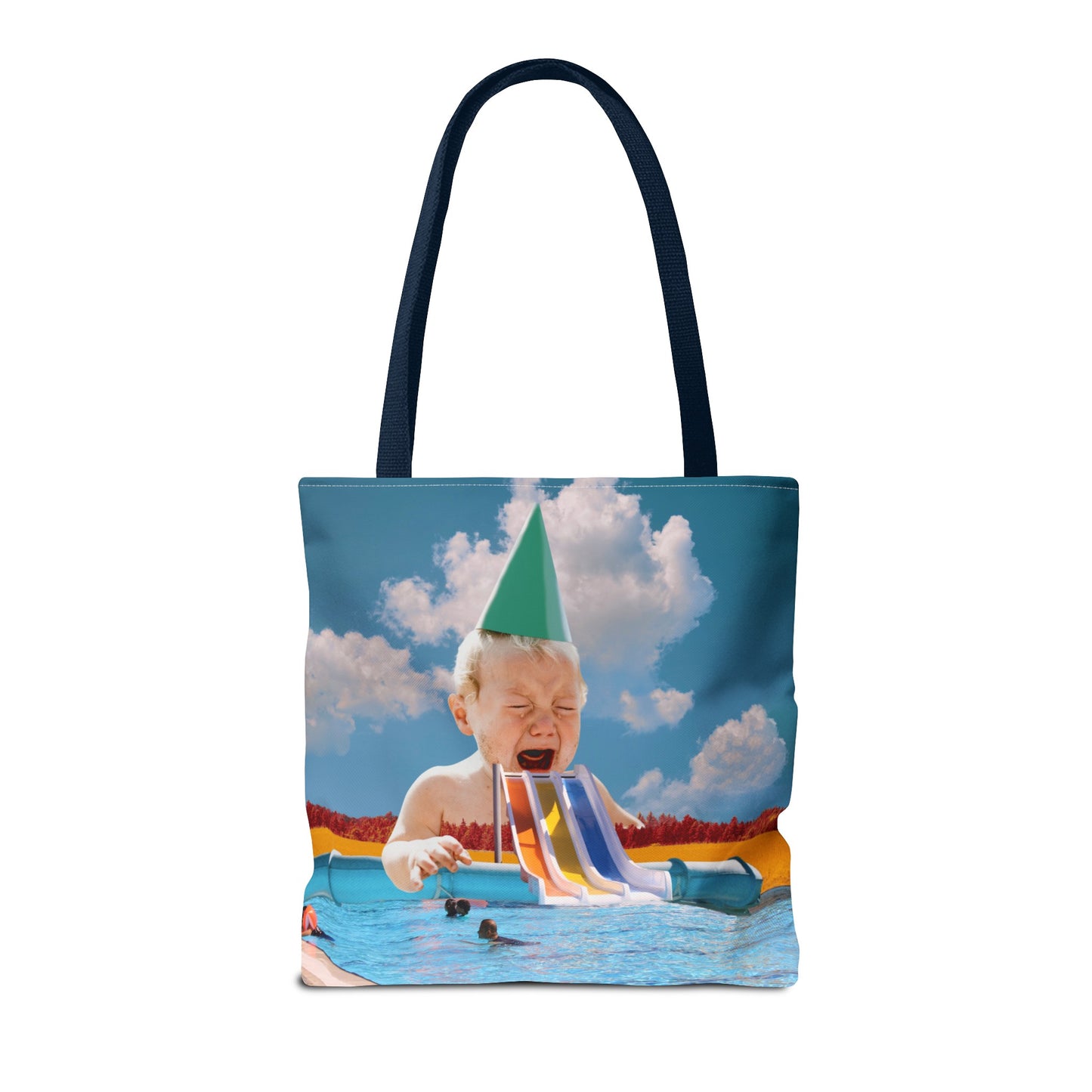 Vibrant Pool Party Beach Tote Bag - Surreal Art Print - Giant Baby and Colorful Pool Slide