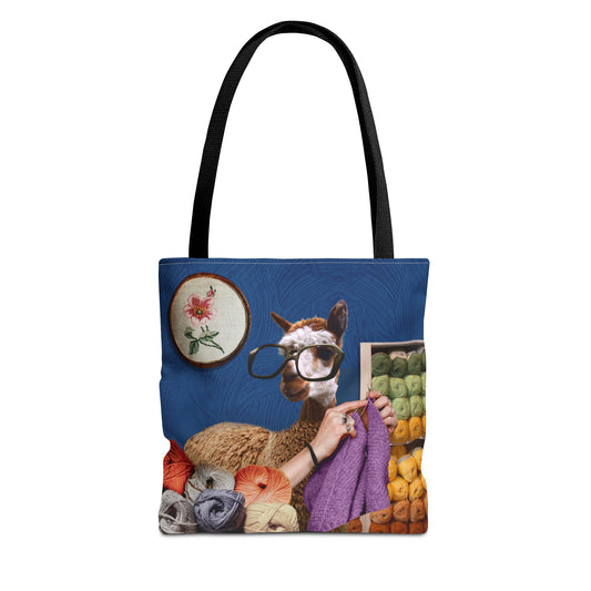 Whimsical Funky Llama Tote Bag: "Llama Tried" - Wearing Glasses and Knitting in Yarn Shop