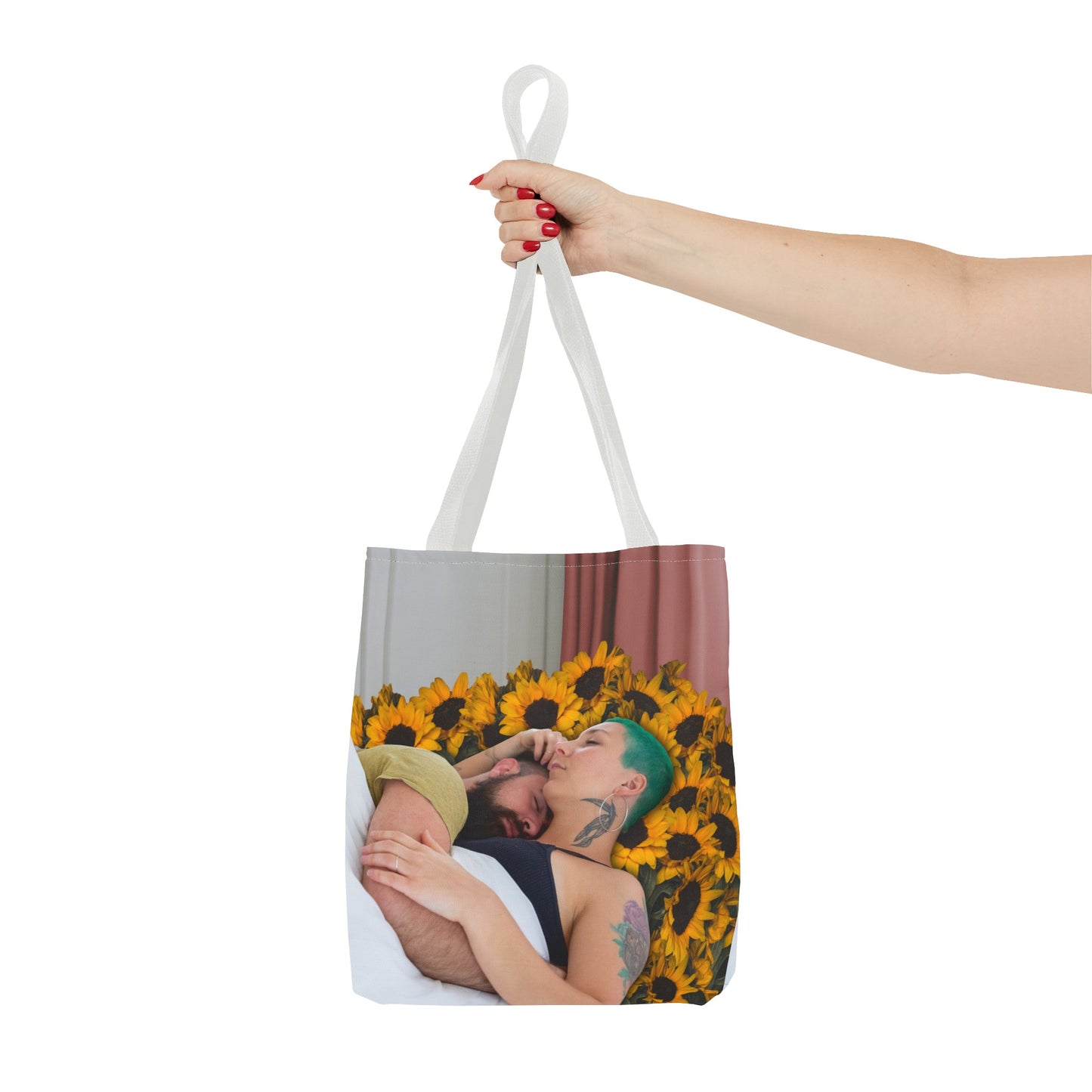 Tranquil Sunflowers Around Cuddling Couple Tote Bag Surreal Art - Loving Design "Sunflowers In Your Room"