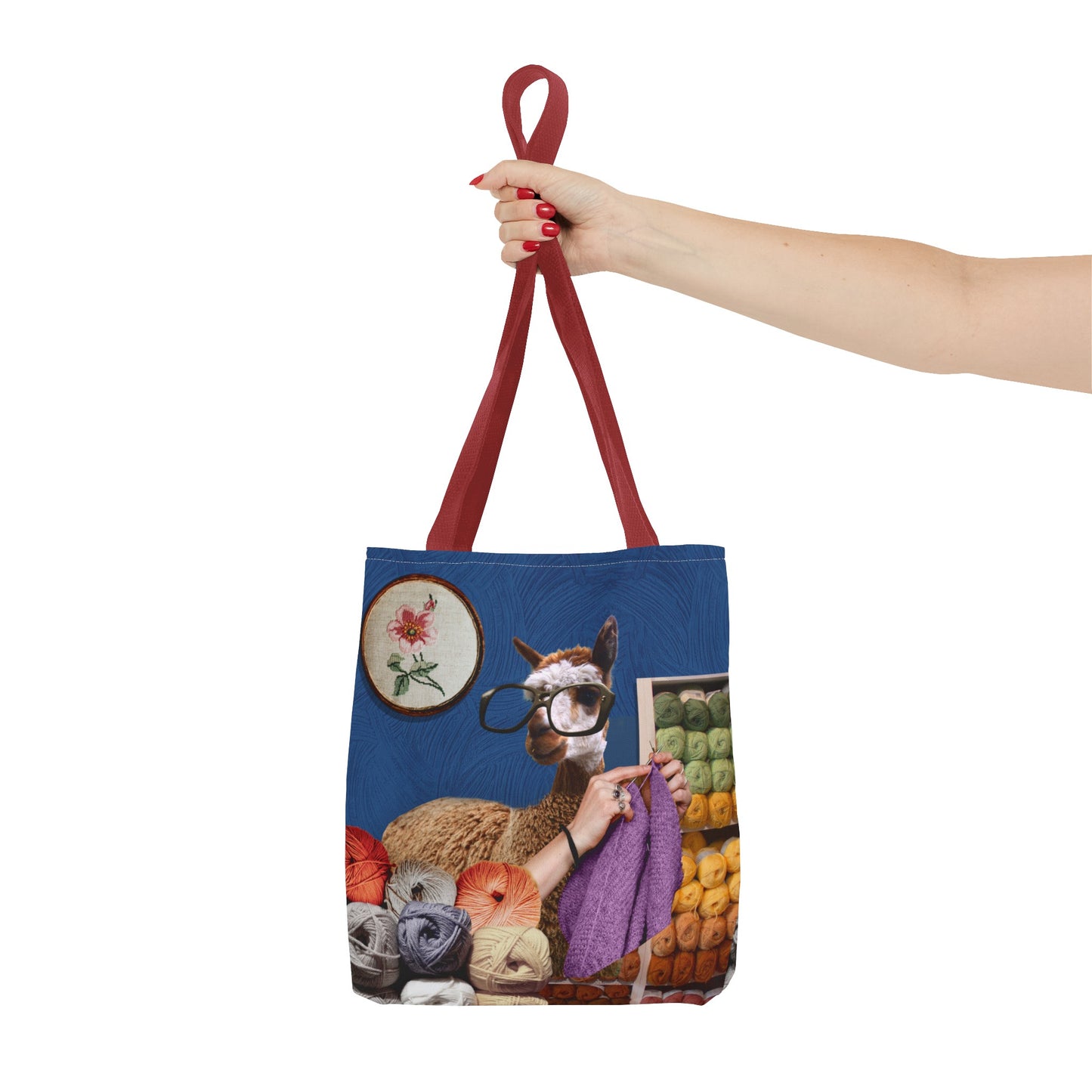 Whimsical Funky Llama Tote Bag: "Llama Tried" - Wearing Glasses and Knitting in Yarn Shop
