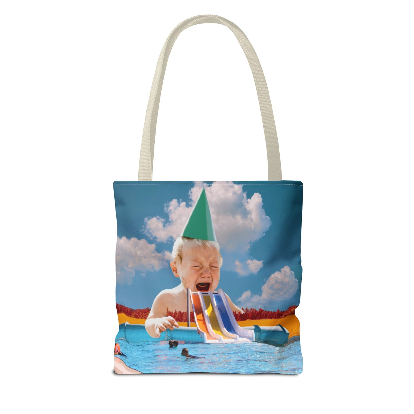 Vibrant Pool Party Beach Tote Bag - Surreal Art Print - Giant Baby and Colorful Pool Slide
