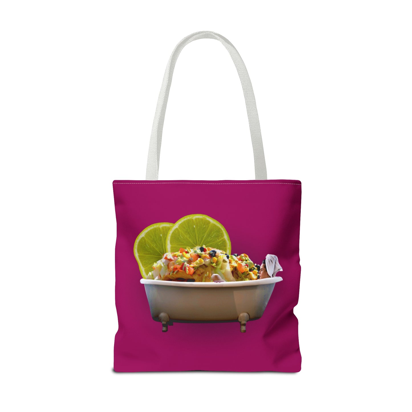 Food Lover's Delight: Woman Soaking in Bathtub with Burrito Tote Bag