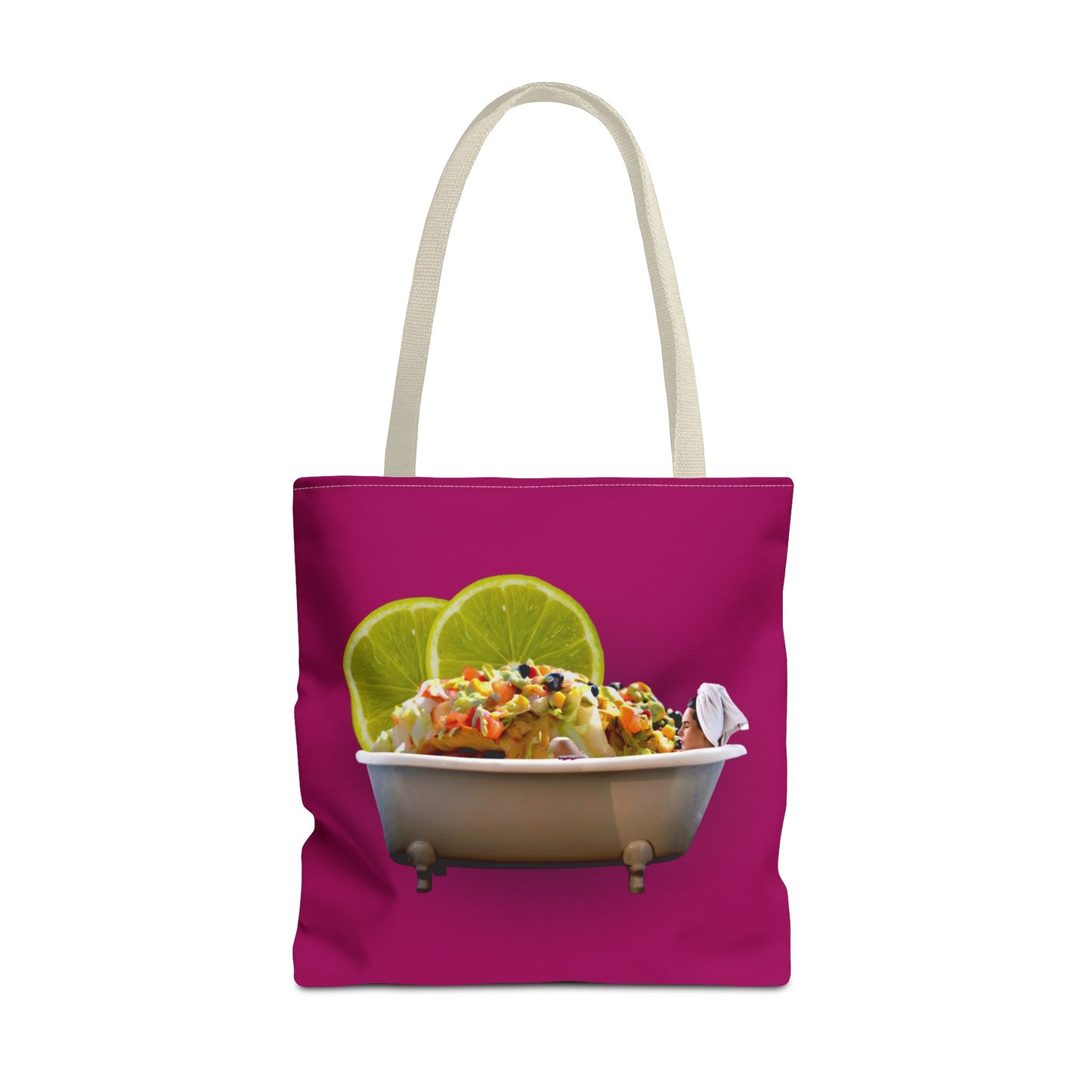 Food Lover's Delight: Woman Soaking in Bathtub with Burrito Tote Bag