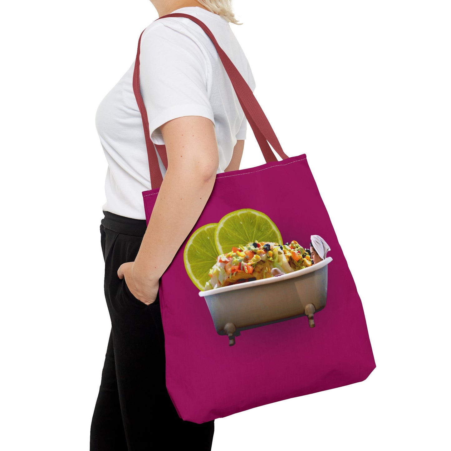 Food Lover's Delight: Woman Soaking in Bathtub with Burrito Tote Bag