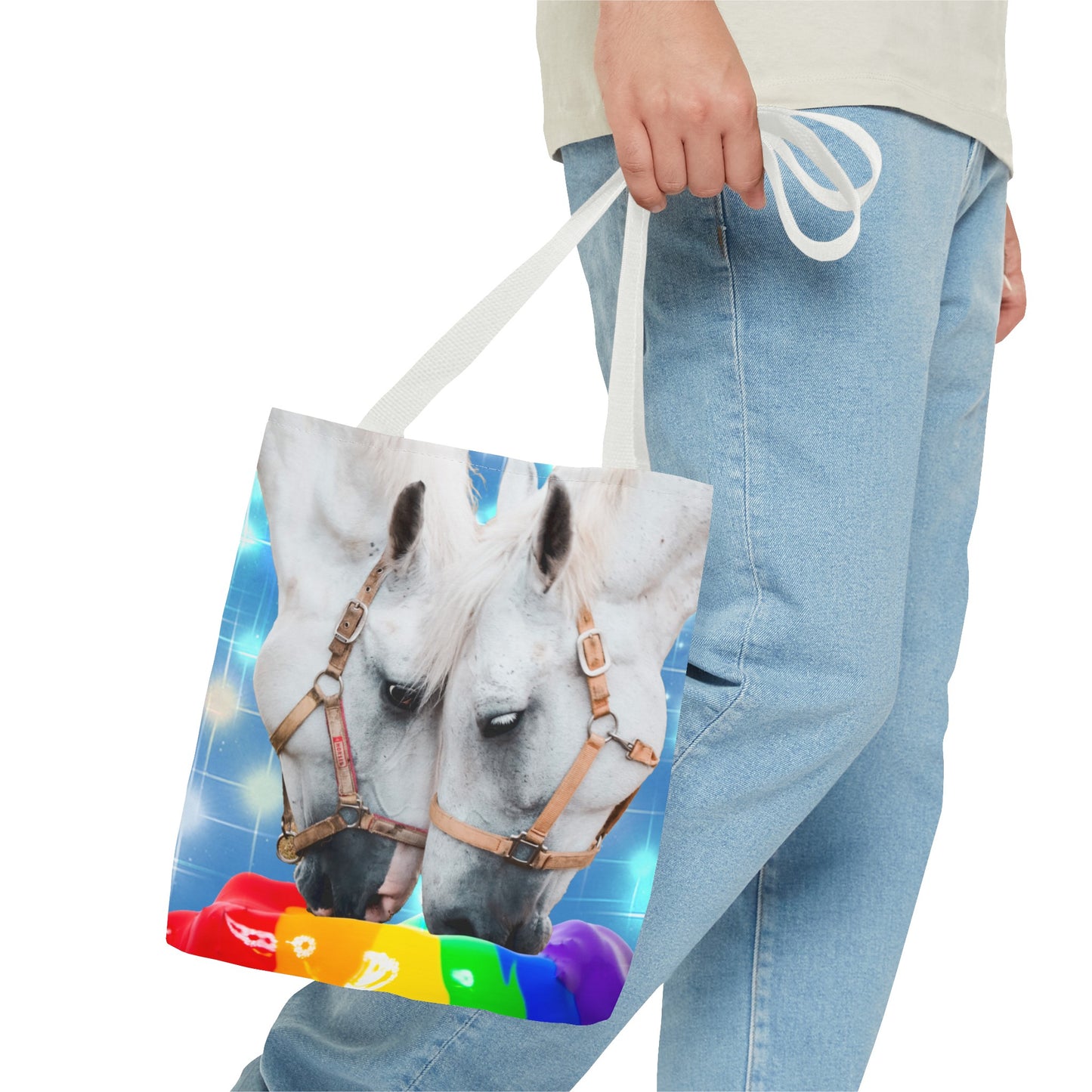 Unique Tote Bag "Pooping Rainbows" Art - White Horses Eating Rainbow Feed