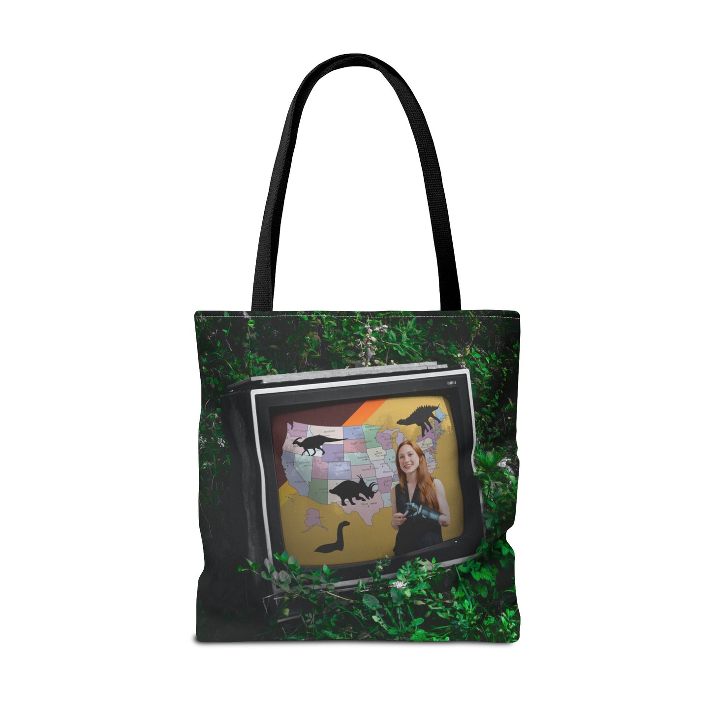 Unique Dystopian TV Scene Tote Bag with Weather Girl & Dinosaurs Map
