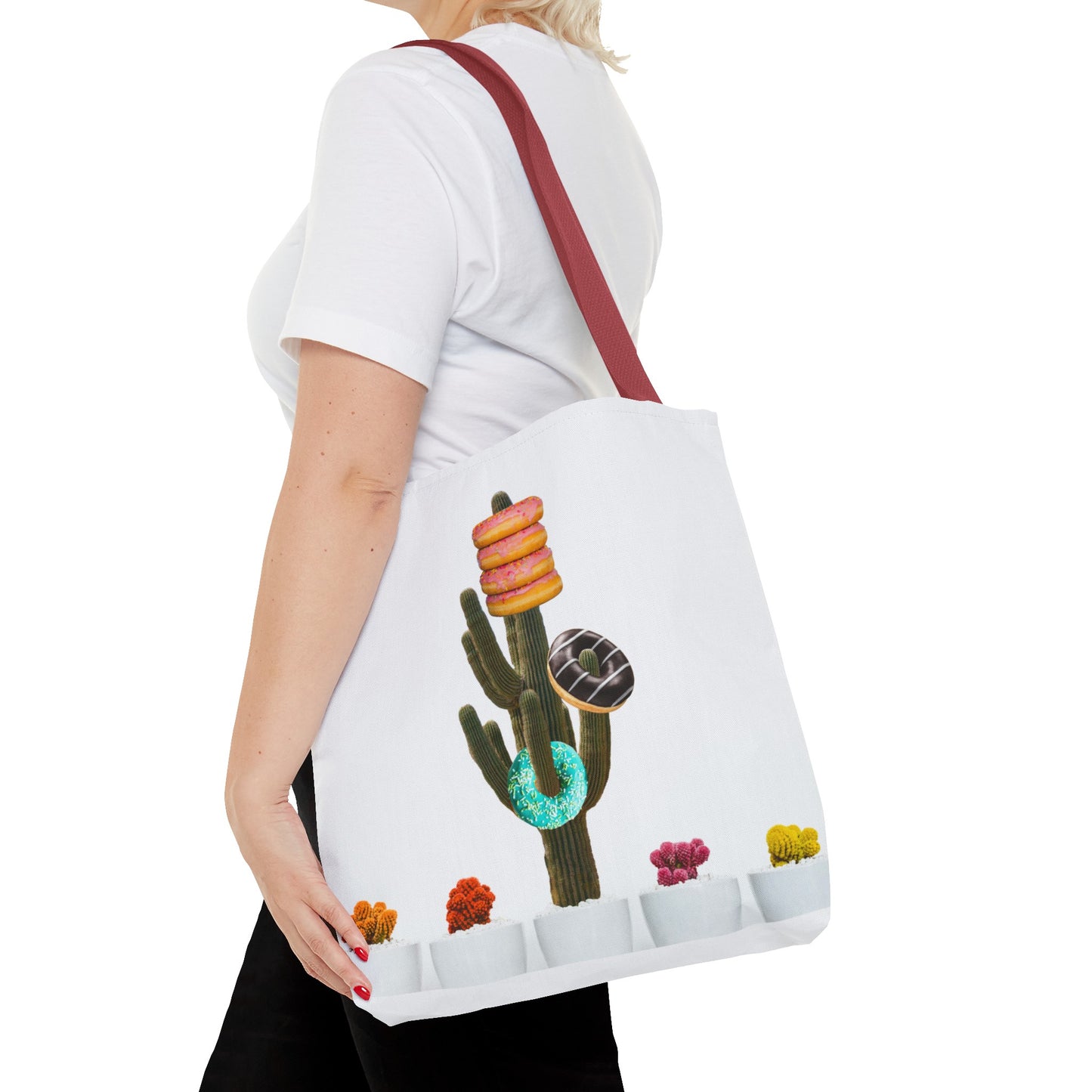 Collage Art Tote Bag featuring 'Giving Tree' & Colorful Donut Cactus Design