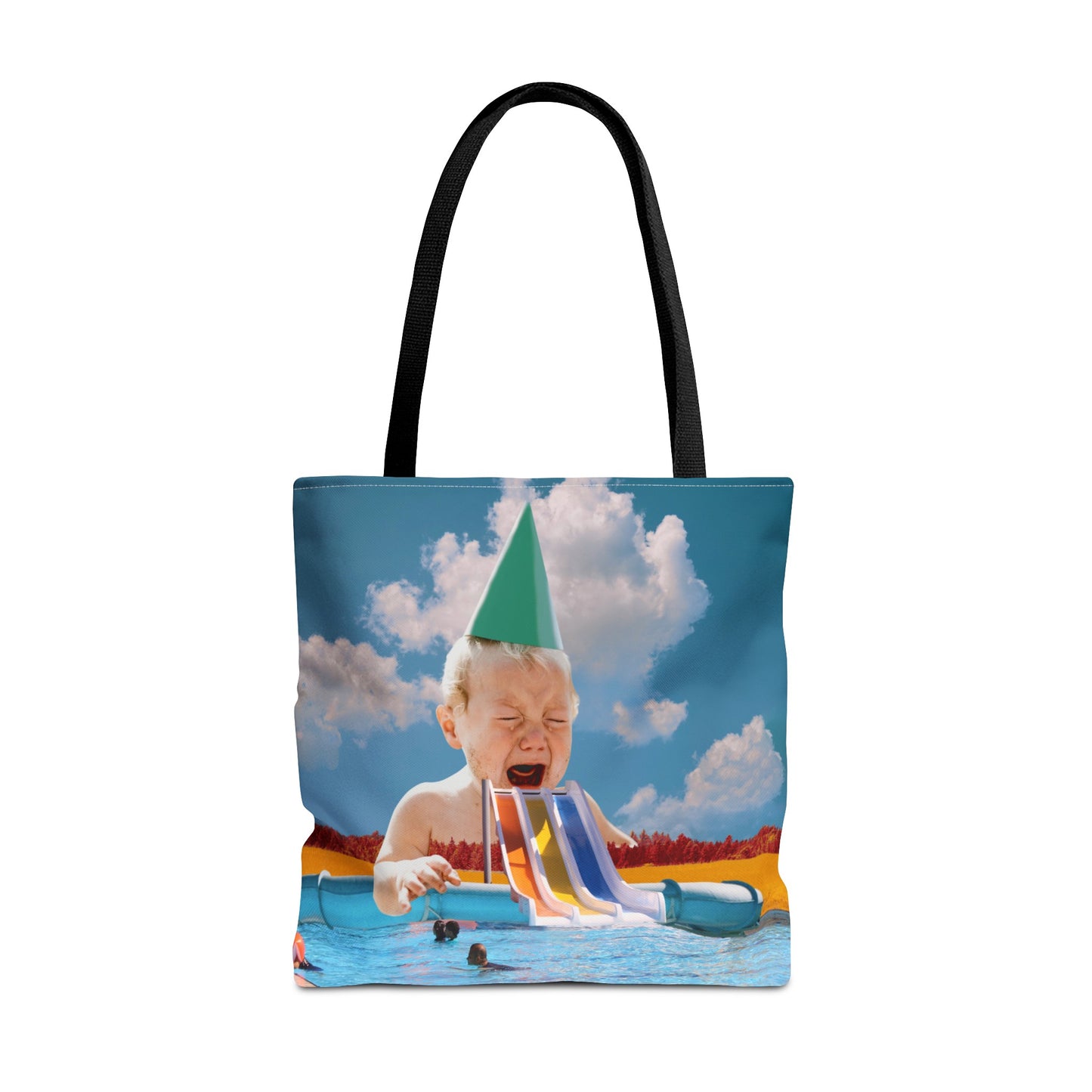Vibrant Pool Party Beach Tote Bag - Surreal Art Print - Giant Baby and Colorful Pool Slide