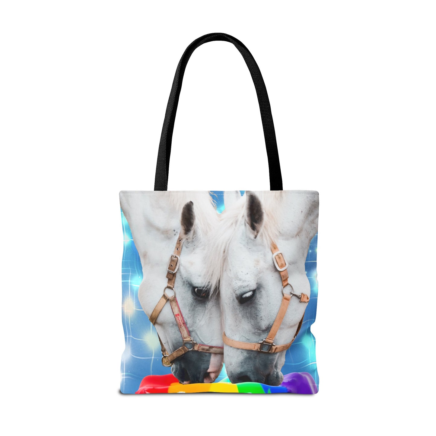 Unique Tote Bag "Pooping Rainbows" Art - White Horses Eating Rainbow Feed