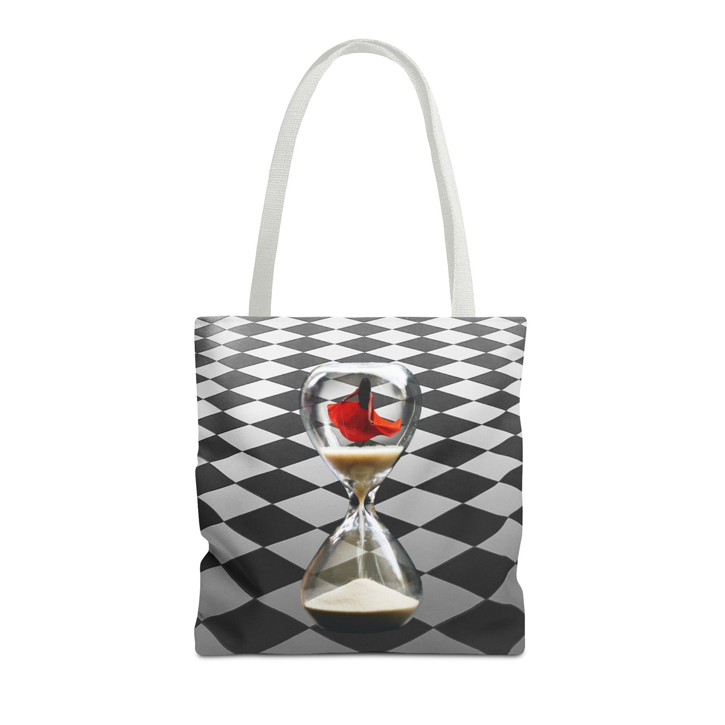 Red Dress Dancer Tote Bag - Surreal Art Checkerboard Design - Dance Through Life