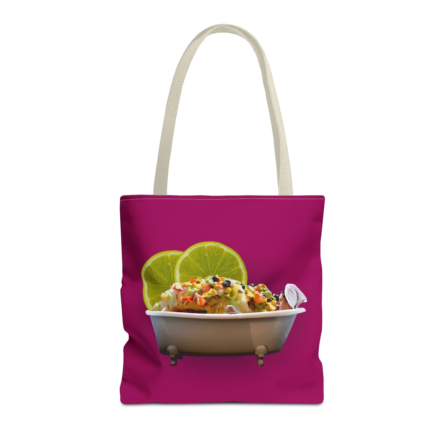 Food Lover's Delight: Woman Soaking in Bathtub with Burrito Tote Bag