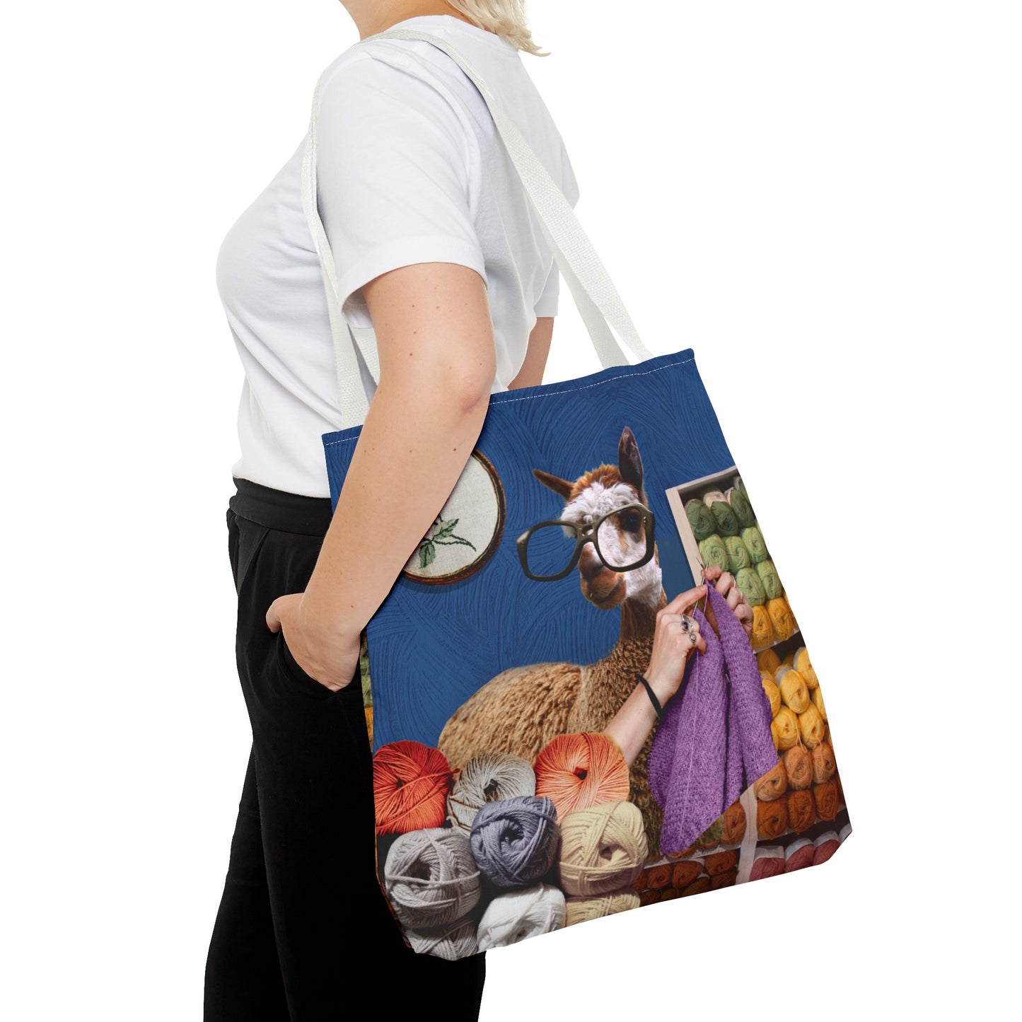 Whimsical Funky Llama Tote Bag: "Llama Tried" - Wearing Glasses and Knitting in Yarn Shop