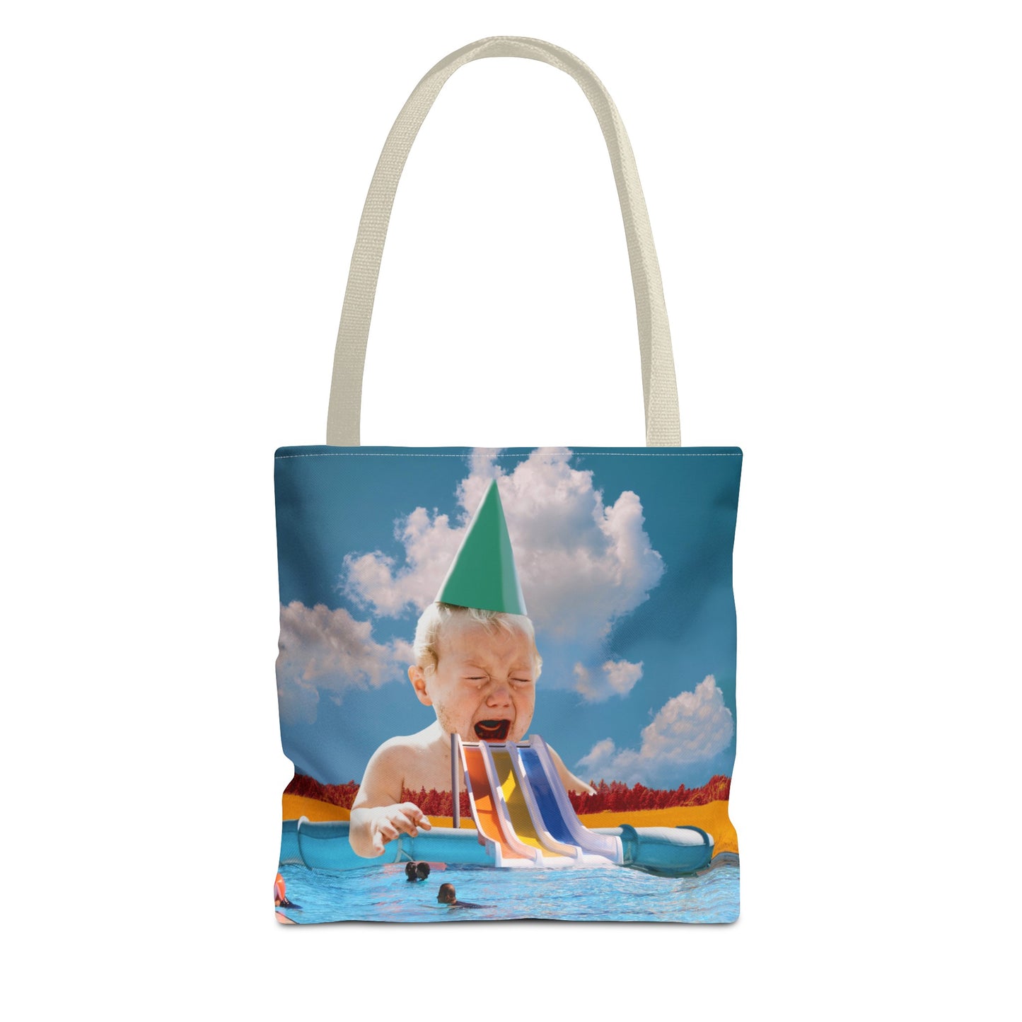 Vibrant Pool Party Beach Tote Bag - Surreal Art Print - Giant Baby and Colorful Pool Slide