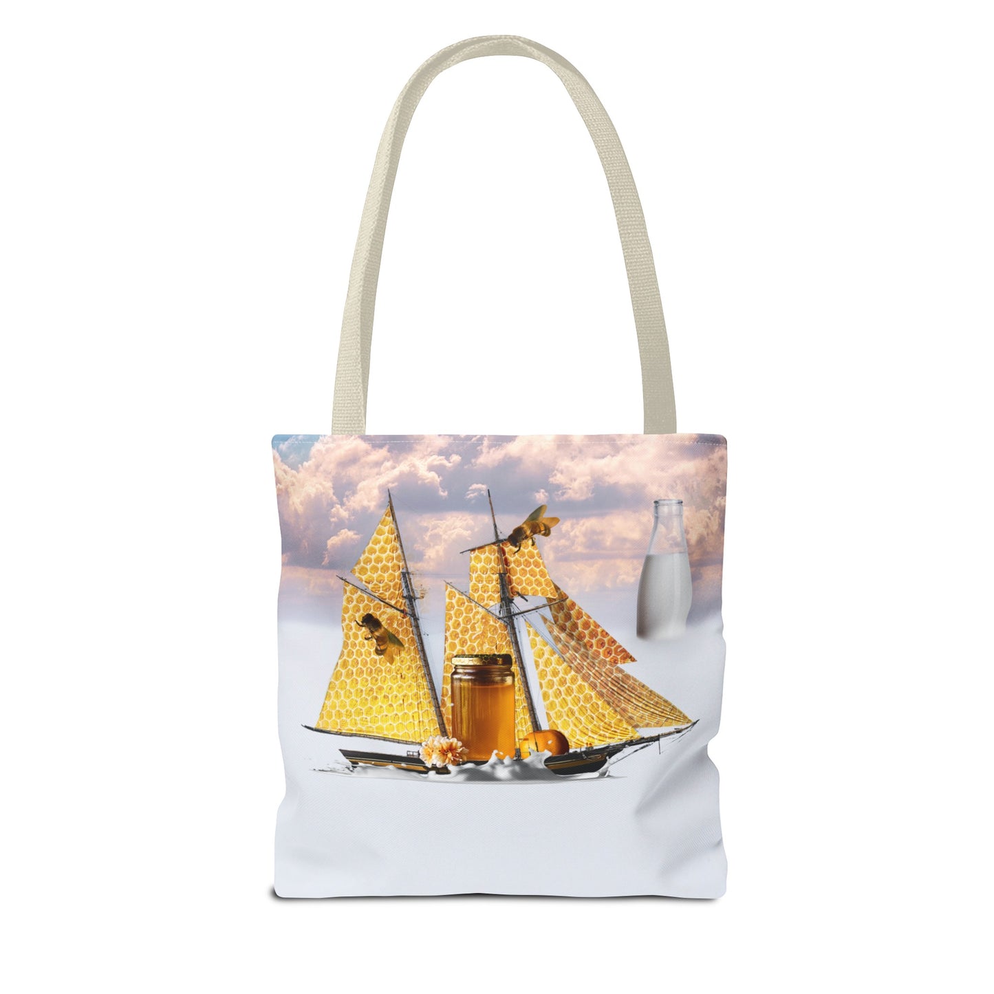 Tote Bag, Bees at Sea on Honeycomb Ship 'Milk & Honey' Surreal Whimsical Collage Art