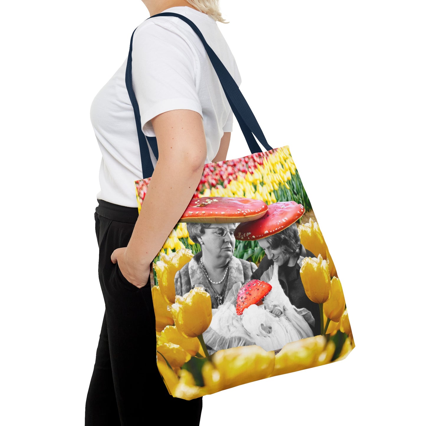 Happy Mushroom Family All Over Print Tote Bag - Surreal Collage Art "Nana's Little Mushroom" in a Field of Tulips