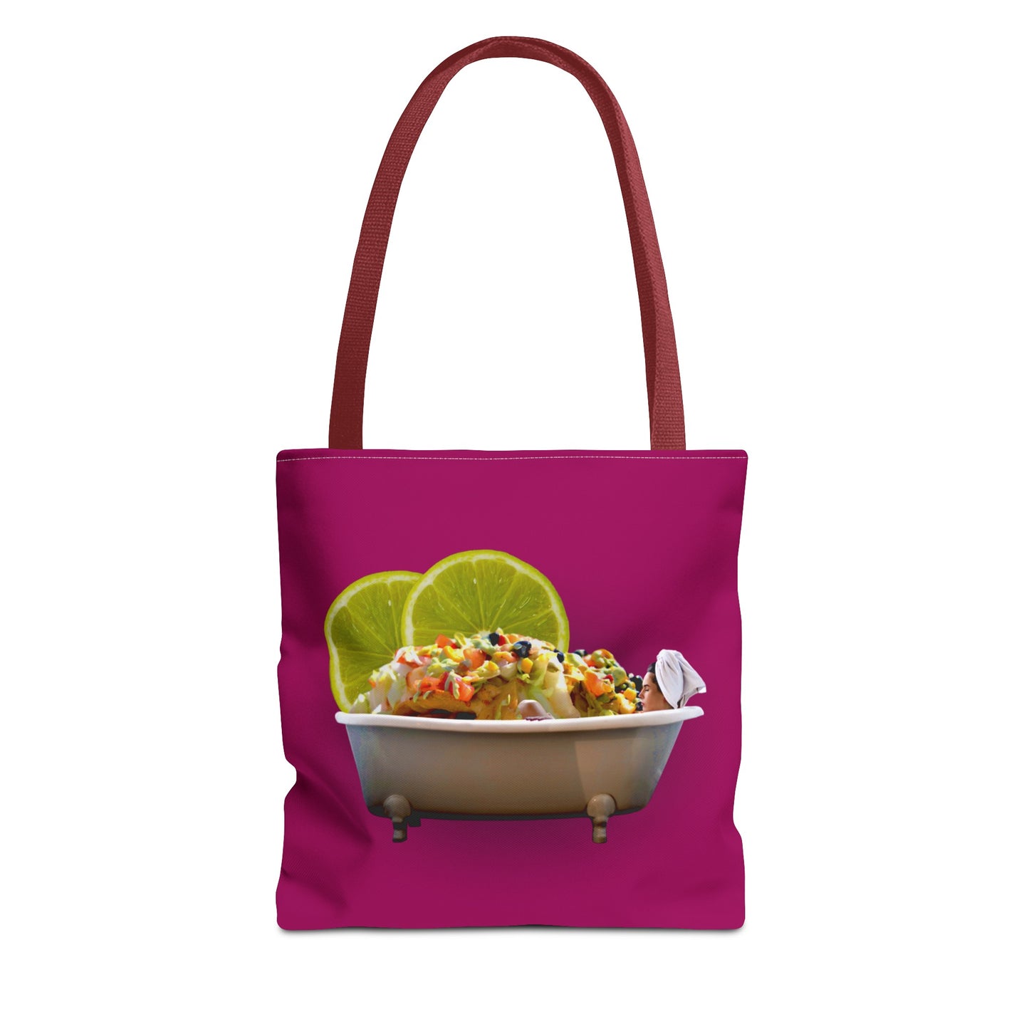 Food Lover's Delight: Woman Soaking in Bathtub with Burrito Tote Bag