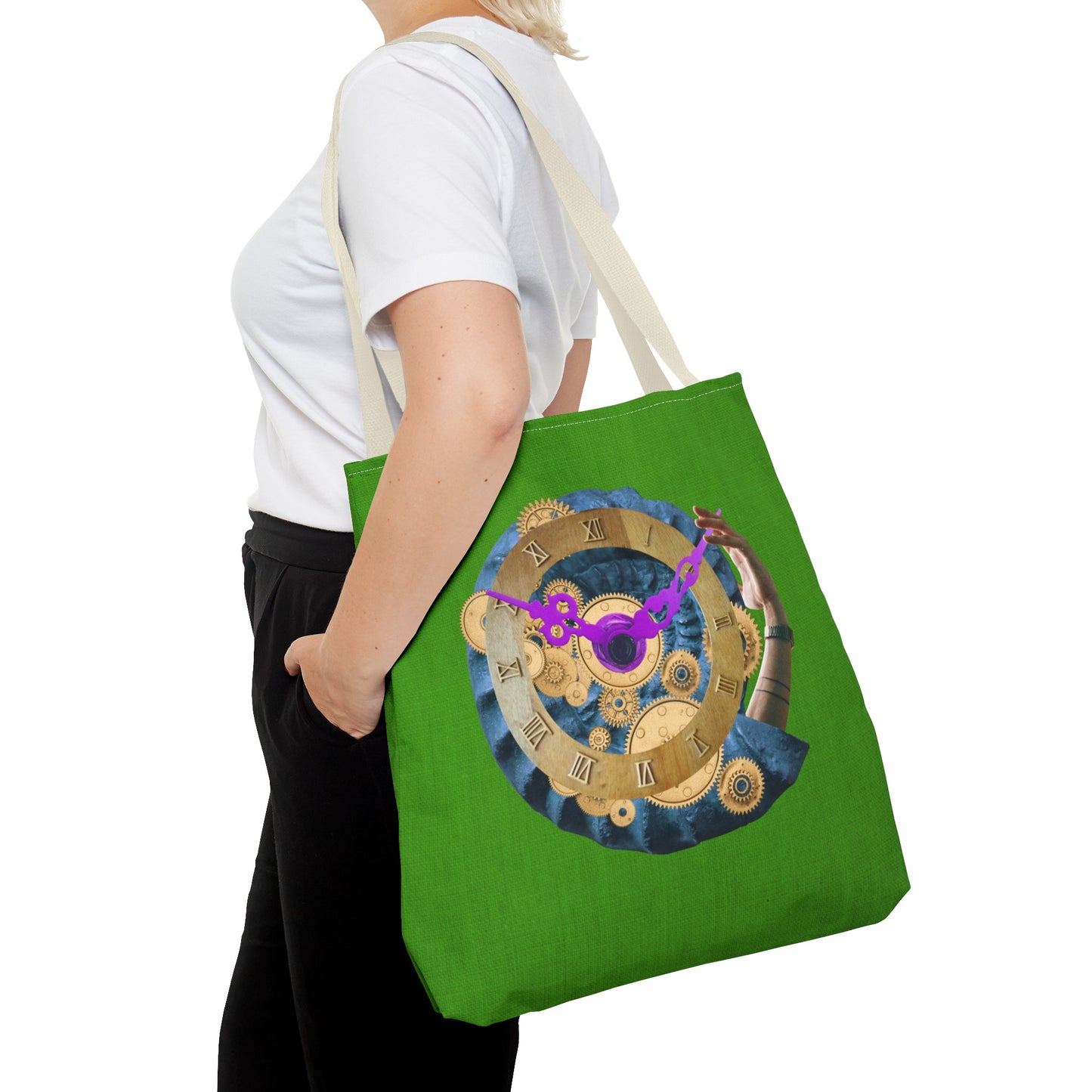 Steampunk Clock Tote Bag with Surreal Ammonite Art Print - Departure Time