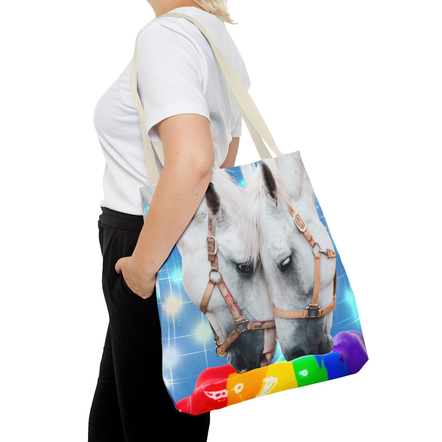 Unique Tote Bag "Pooping Rainbows" Art - White Horses Eating Rainbow Feed