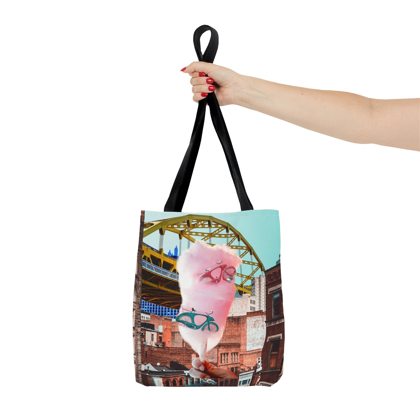 Sweet Ride Pittsburgh Landscape Tote Bag with Cotton Candy and Vintage Bicycles