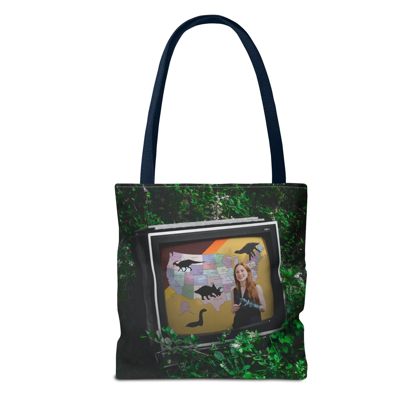 Unique Dystopian TV Scene Tote Bag with Weather Girl & Dinosaurs Map