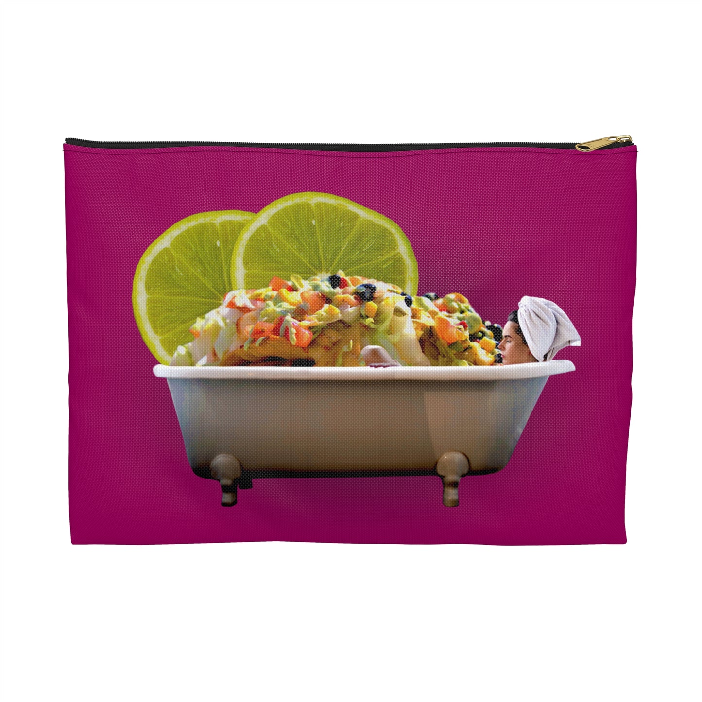 Food Lover's Delight Accessory Pouch - Woman Soaking in Bathtub with Burrito and Lime Wedges