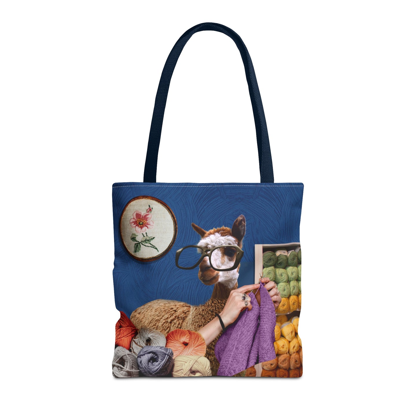 Whimsical Funky Llama Tote Bag: "Llama Tried" - Wearing Glasses and Knitting in Yarn Shop
