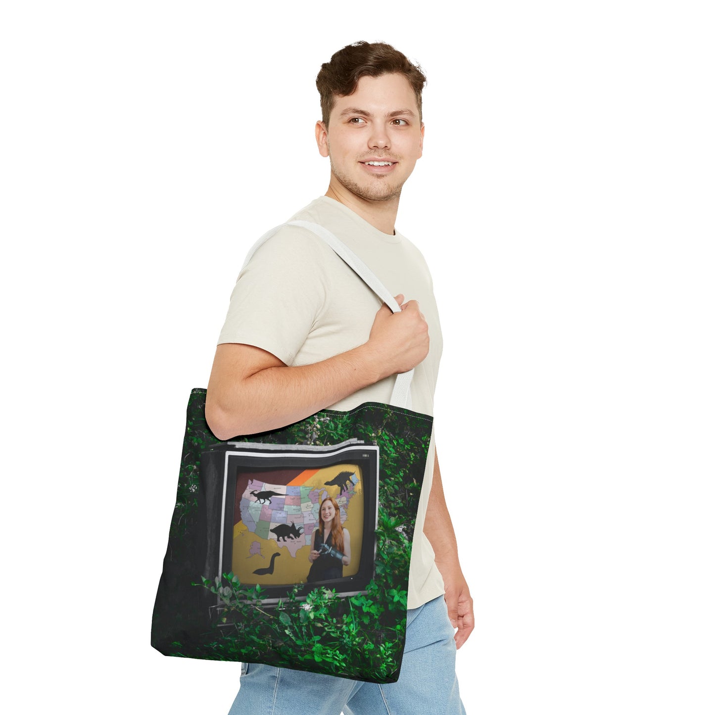 Unique Dystopian TV Scene Tote Bag with Weather Girl & Dinosaurs Map