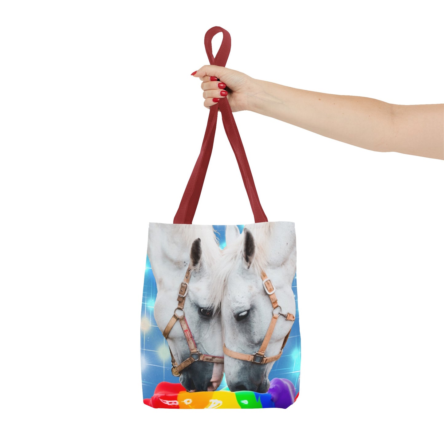 Unique Tote Bag "Pooping Rainbows" Art - White Horses Eating Rainbow Feed