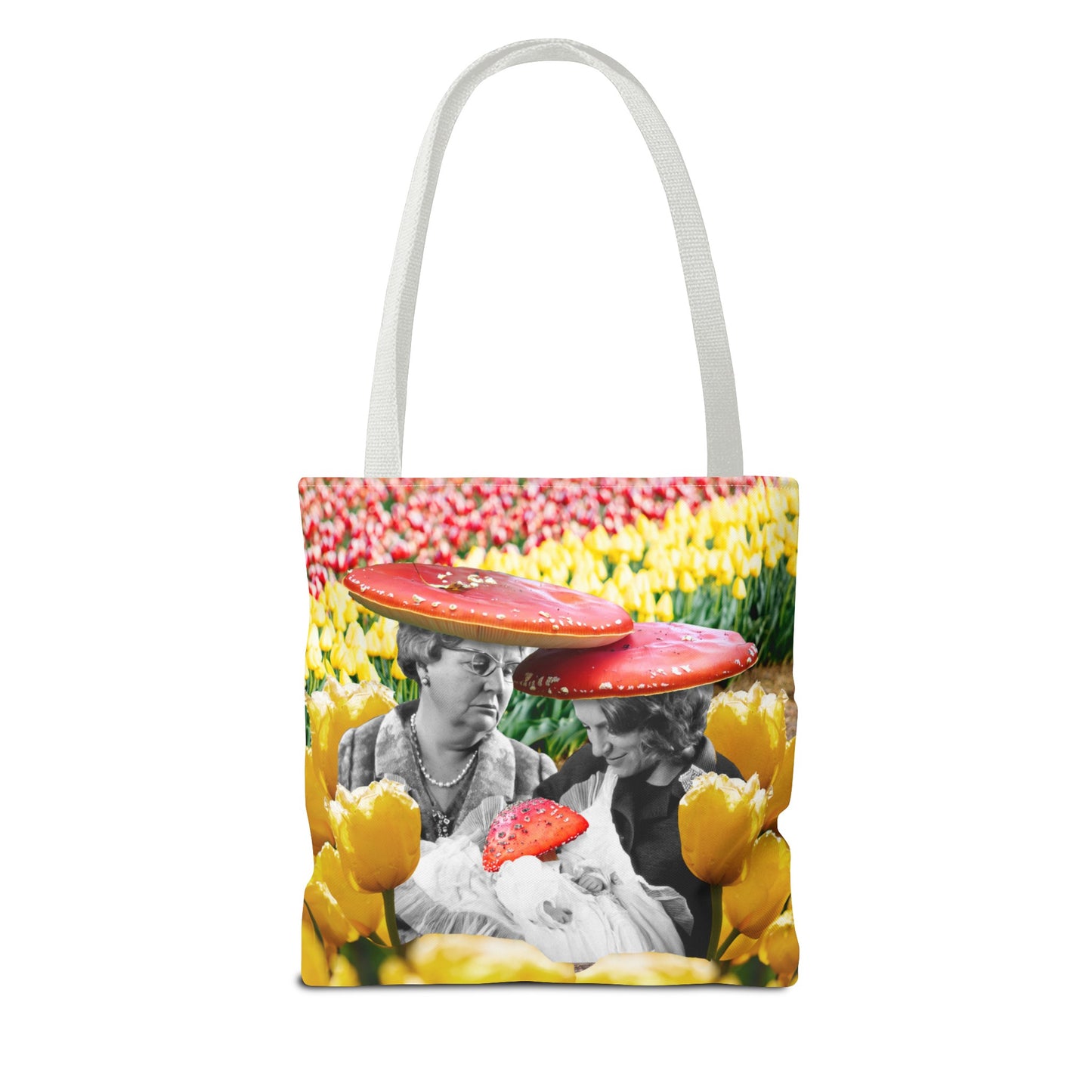 Happy Mushroom Family All Over Print Tote Bag - Surreal Collage Art "Nana's Little Mushroom" in a Field of Tulips