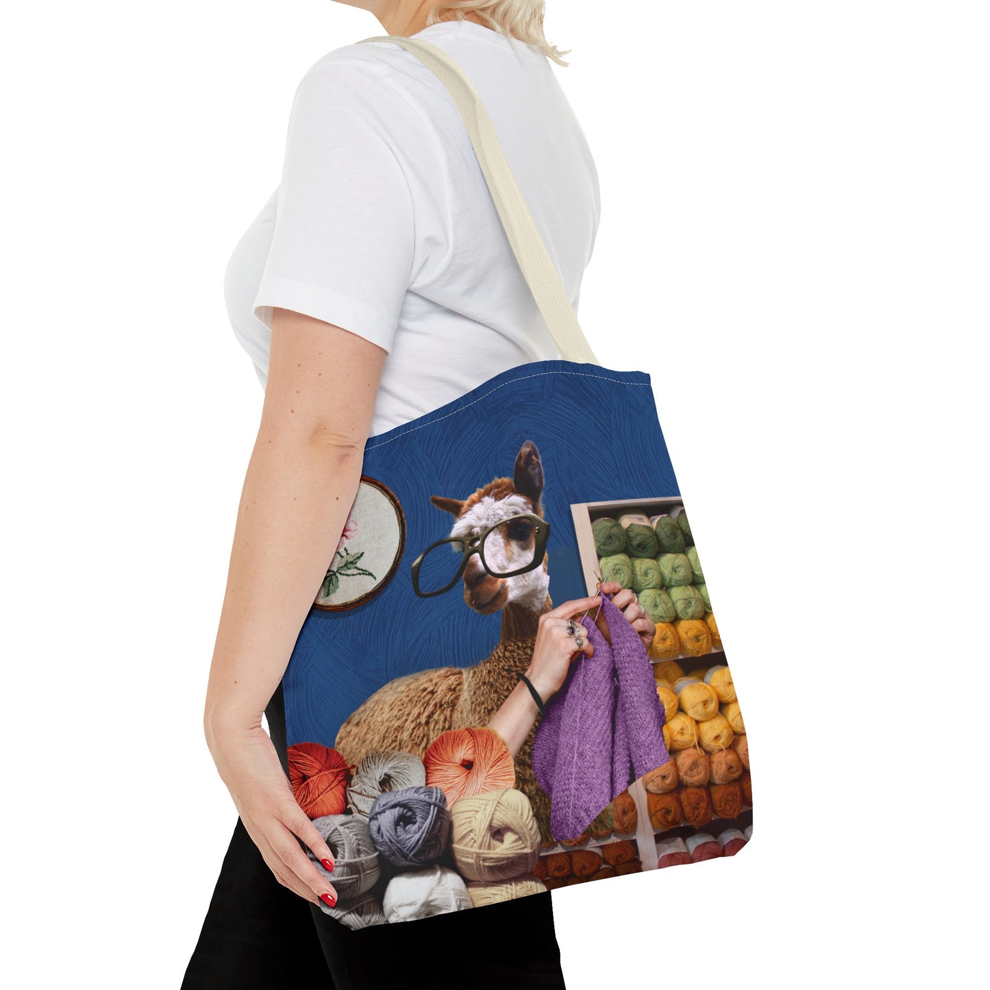 Whimsical Funky Llama Tote Bag: "Llama Tried" - Wearing Glasses and Knitting in Yarn Shop