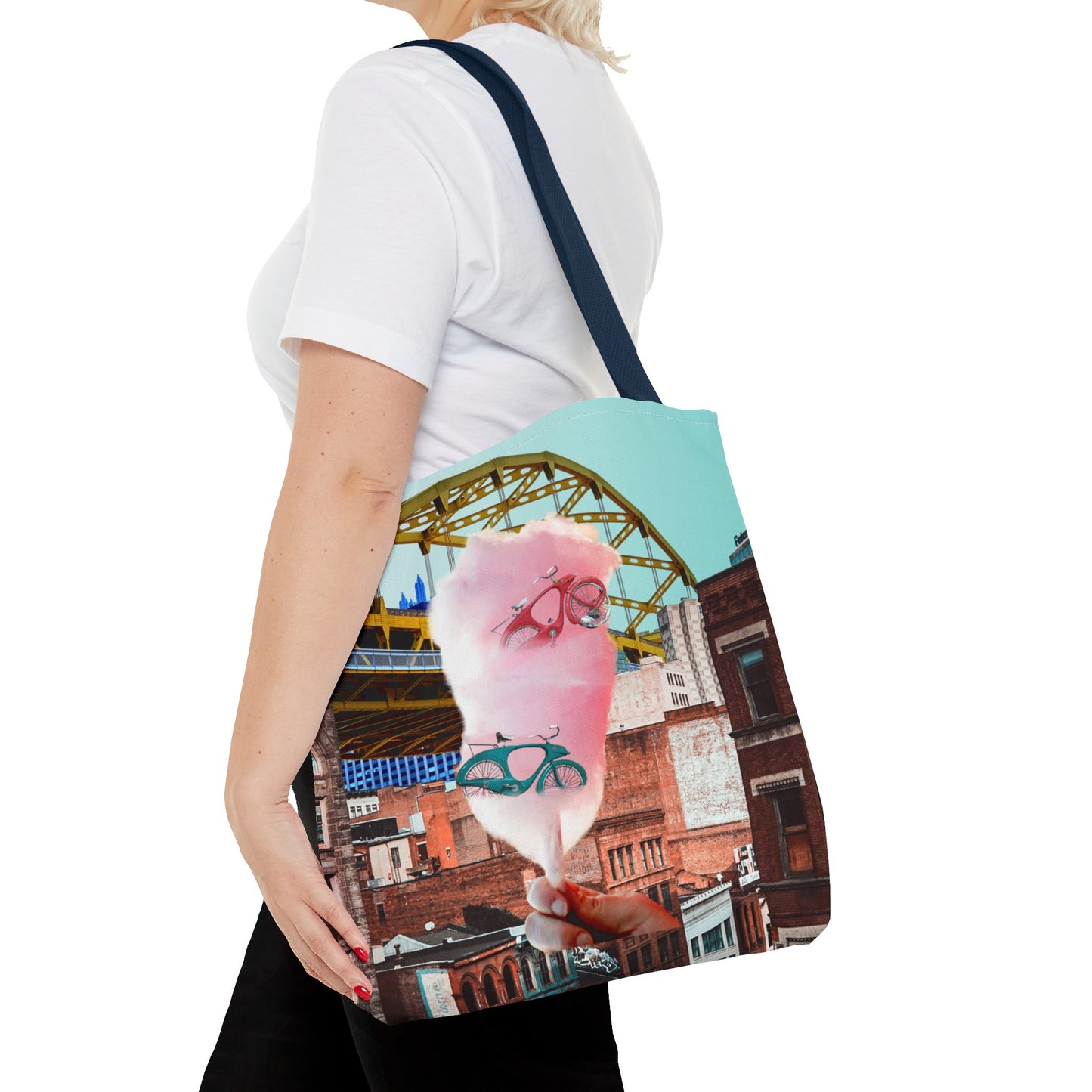 Sweet Ride Pittsburgh Landscape Tote Bag with Cotton Candy and Vintage Bicycles