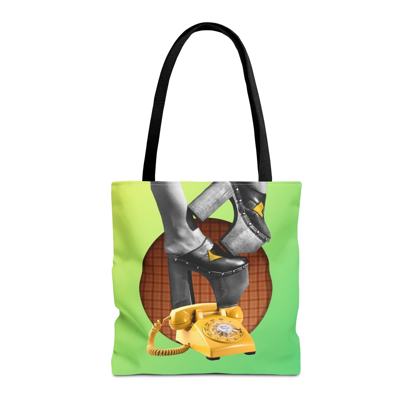 Playful Tote Bag with Collage Art "Hold My Calls" - 70's Platform Shoes and Yellow Rotary Phone