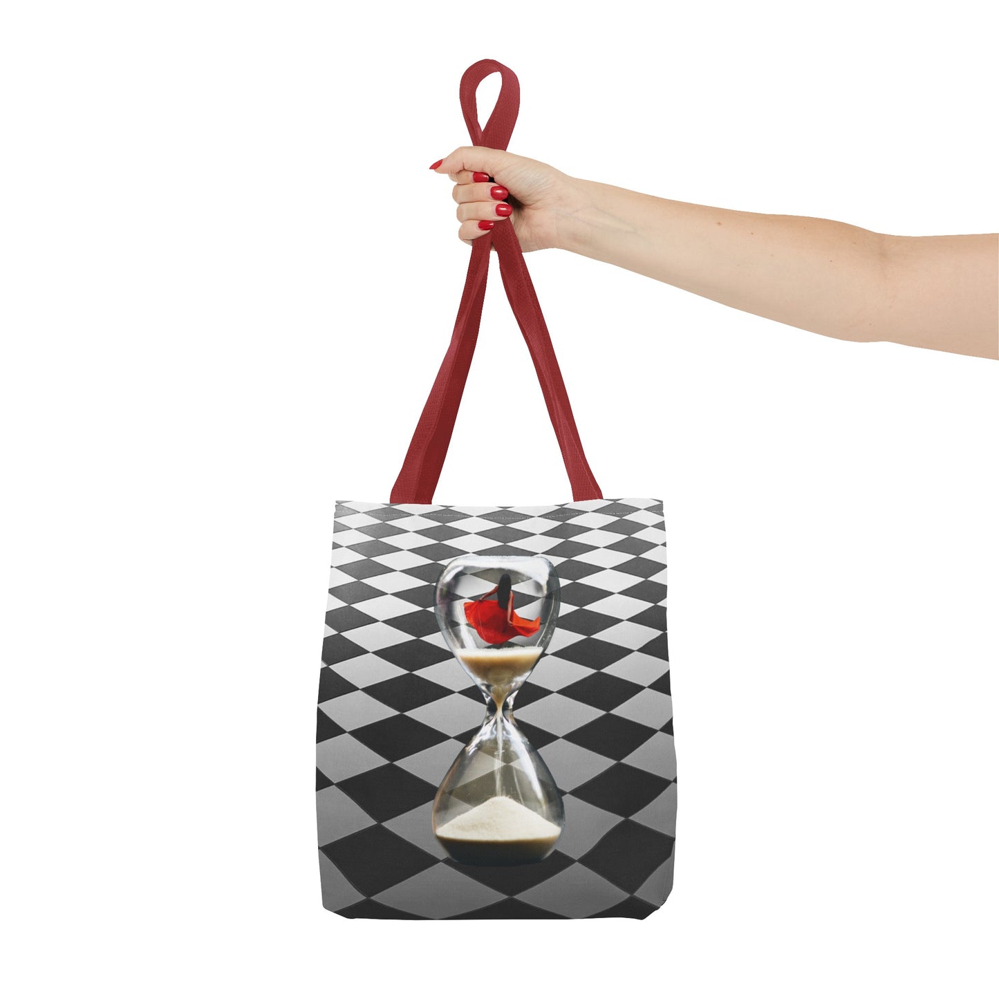 Red Dress Dancer Tote Bag - Surreal Art Checkerboard Design - Dance Through Life