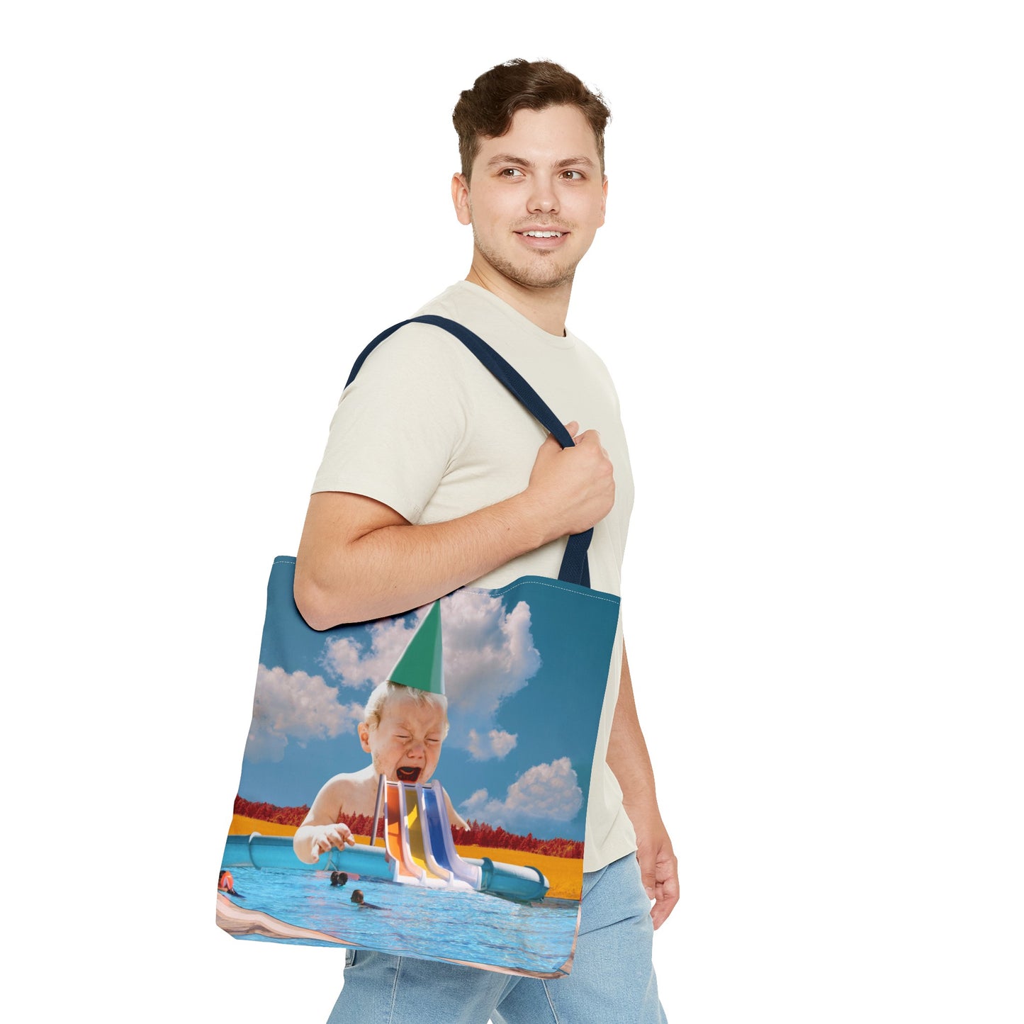 Vibrant Pool Party Beach Tote Bag - Surreal Art Print - Giant Baby and Colorful Pool Slide
