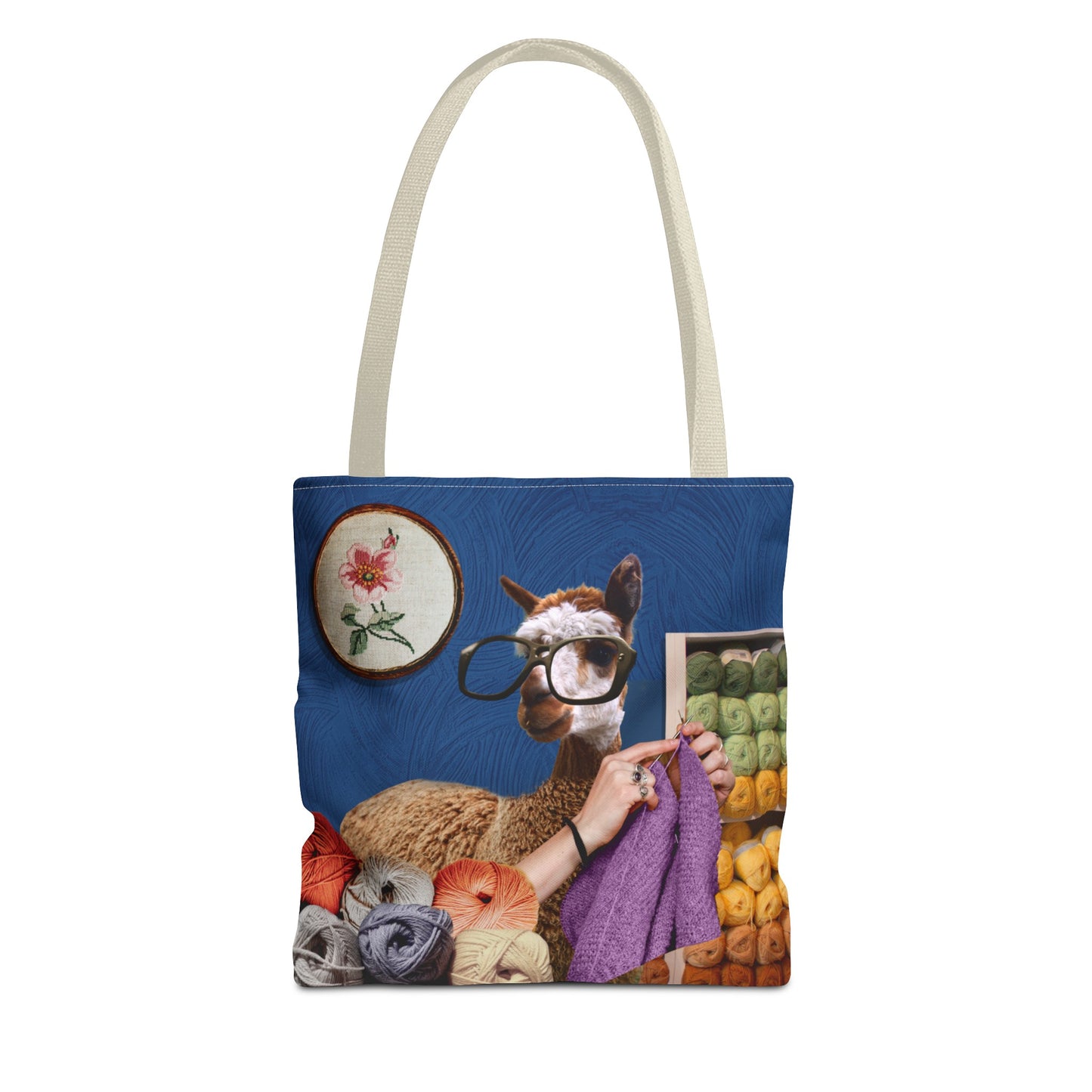 Whimsical Funky Llama Tote Bag: "Llama Tried" - Wearing Glasses and Knitting in Yarn Shop